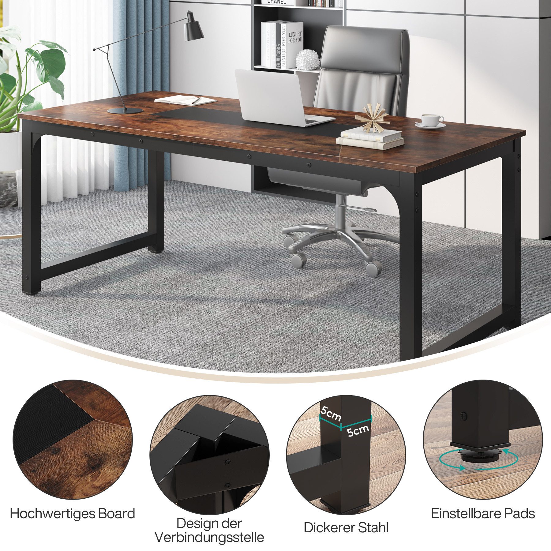 Tribesigns Arbeitstisch 90 x 180 cm Schreibtisch, Groß Computertisch, Bürotisch für Büro, Konferenztisch für Home Office zu Hause Schreibtische Rustikales Braun