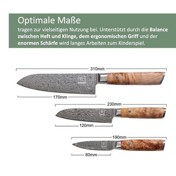 ZAYIKO Messer-Set Kinone 3er Damastmesser-Set I 8-17 cm Klingen I Wurzelholzgriffe Birke, dunkler Damaststahl