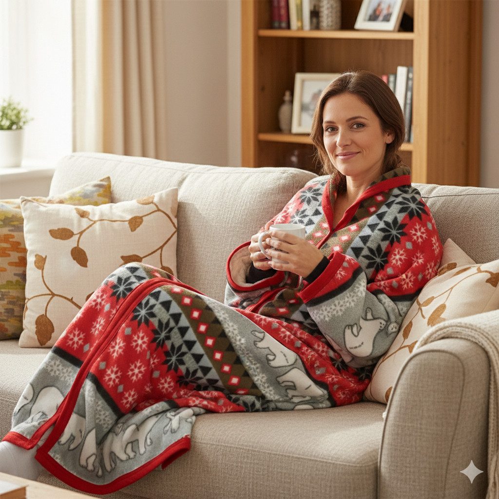 Wohndecke Ärmeldecke CozyBear - tragbare Flanell Sofadecke mit Ärmeln, NYVI, Kuscheldecke mit Ärmeln - TV-Blanket zum Anziehen - Weihnachtsdesign – Bild 5 von 5