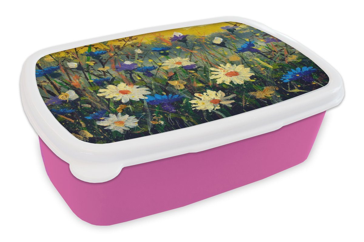 MuchoWow Lunchbox Ölfarbe - Blumen - Malerei, Kunststoff, (2-tlg), Brotbox für Erwachsene, Brotdose Kinder, Snackbox, Mädchen, Kunststoff rosa