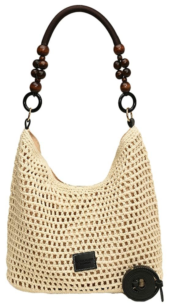 MOPUEA Strandtasche Damen Boho Straw Beach Bag Gehäkelte Baumwoll-Strick -Tragetasche (Schultertasche, Umhängetasche, Sommer, Strand, 1-tlg., Casual Groß Häkeltasche mit Leder Riemen für Urlaub Stadt Reisen), Tragegriff oben für Reisen, Einkaufen
