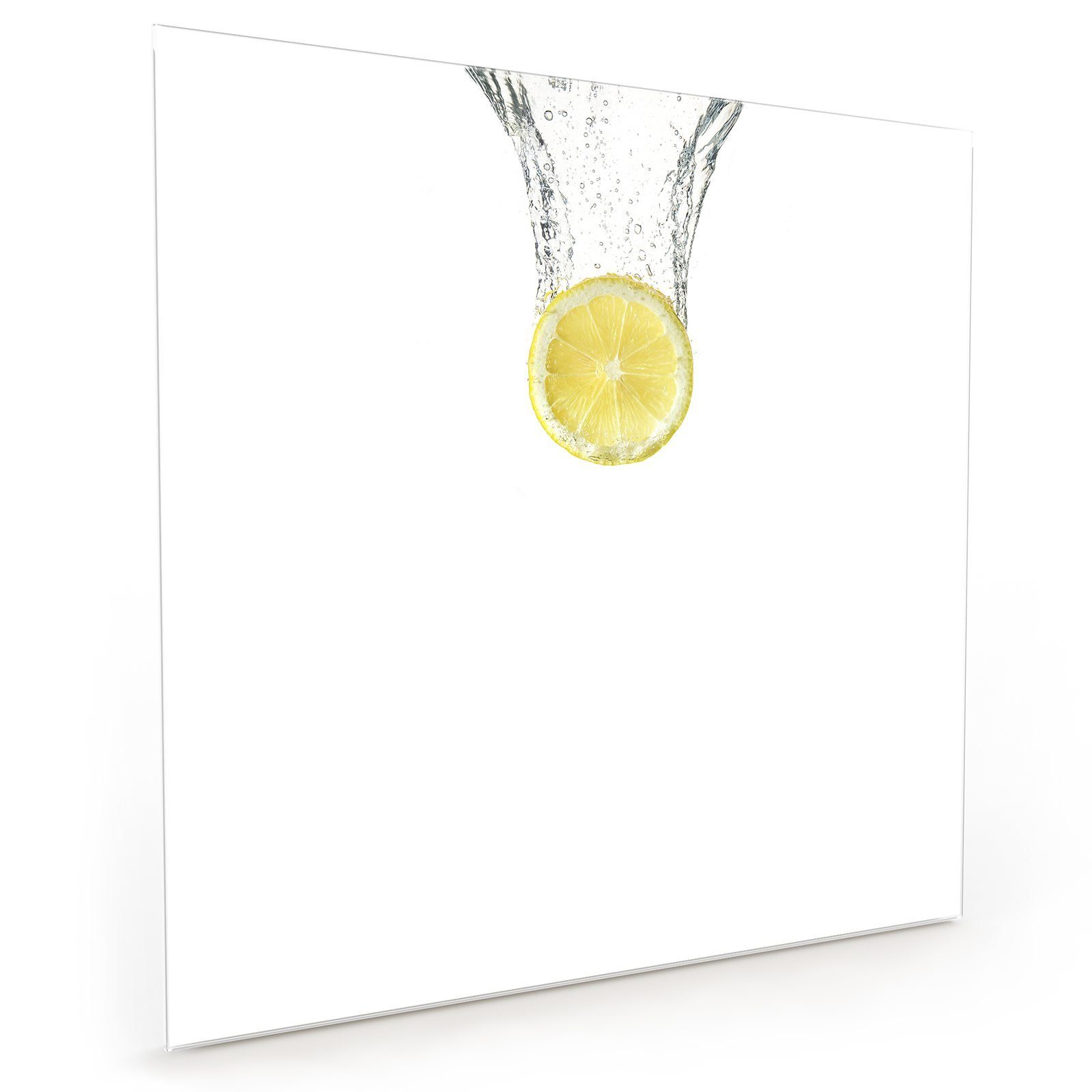 Primedeco Küchenrückwand Küchenrückwand Spritzschutz Glas mit Motiv Zitrone in Wasser fallend