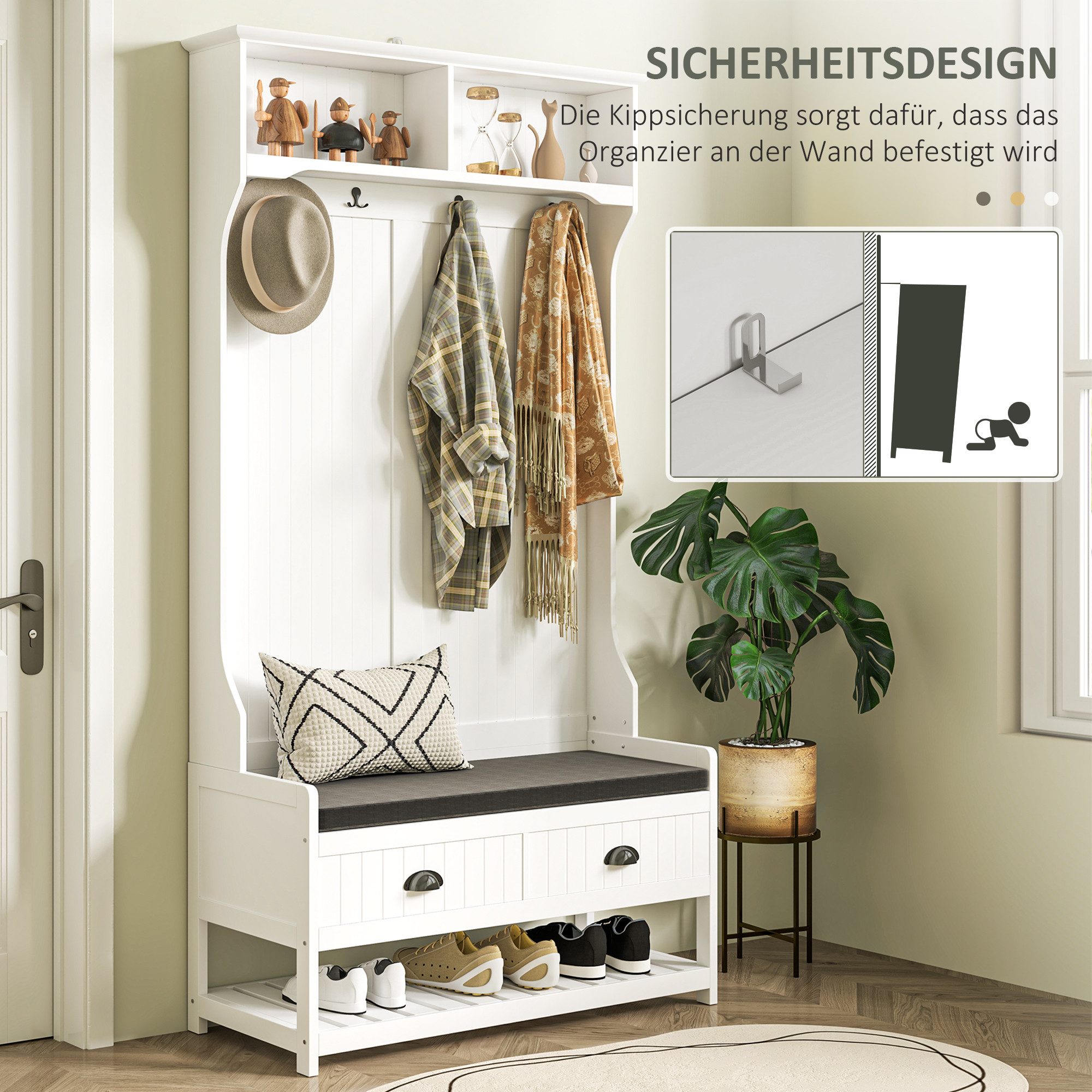 HOMCOM Garderobenständer Schuhbank und Ablagen, Jackenständer mit Schublade, (Kleidungsständer, 1 St., Garderobe), für Eingangsbereich, Flur, Schlafzimmer, Weiß – Bild 5 von 5