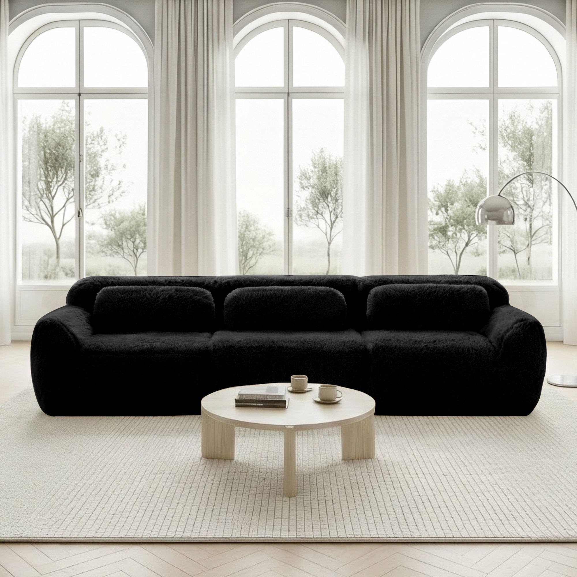 HAUSS SPOLE Loungesofa mit Plüschstoff,Dreisitzer Polstermöbel rutschfester Boden,Schwarz
