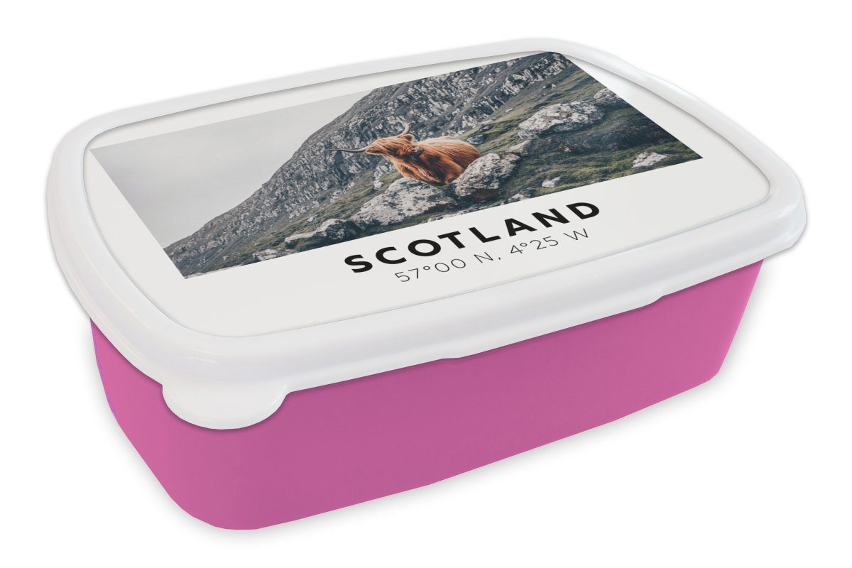MuchoWow Lunchbox Schottland - Schottische Highlander - Berge - Tiere, Kunststoff, (2-tlg), Brotbox für Erwachsene, Brotdose Kinder, Snackbox, Mädchen, Kunststoff rosa