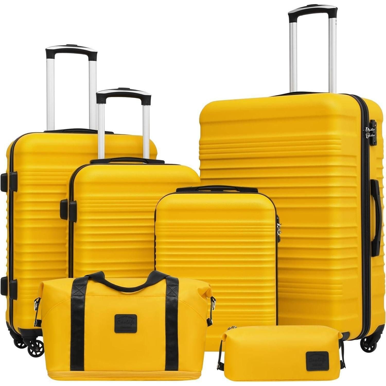 Kofferset Koffer-Set ABS Hartschale 4 Rollen TSA-Schloss 6tlg in Gelb/Schwarz