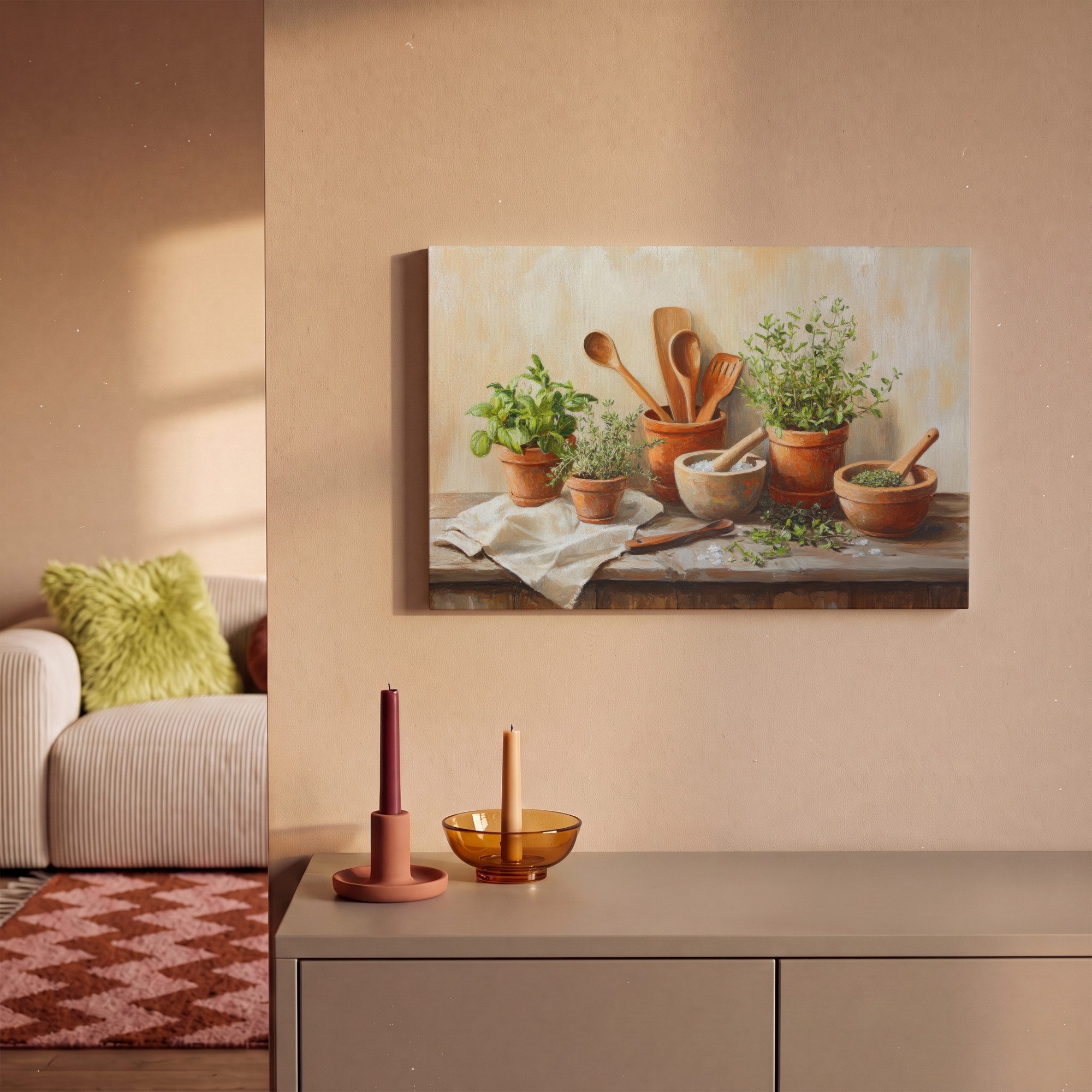 OneMillionCanvasses® Leinwandbild Töpfe - Kräuter - Holz, Fotodruck (1 St), Leinwand Bilder Klein, Wand Dekoration Aesthetic 30x20 cm – Bild 2 von 5