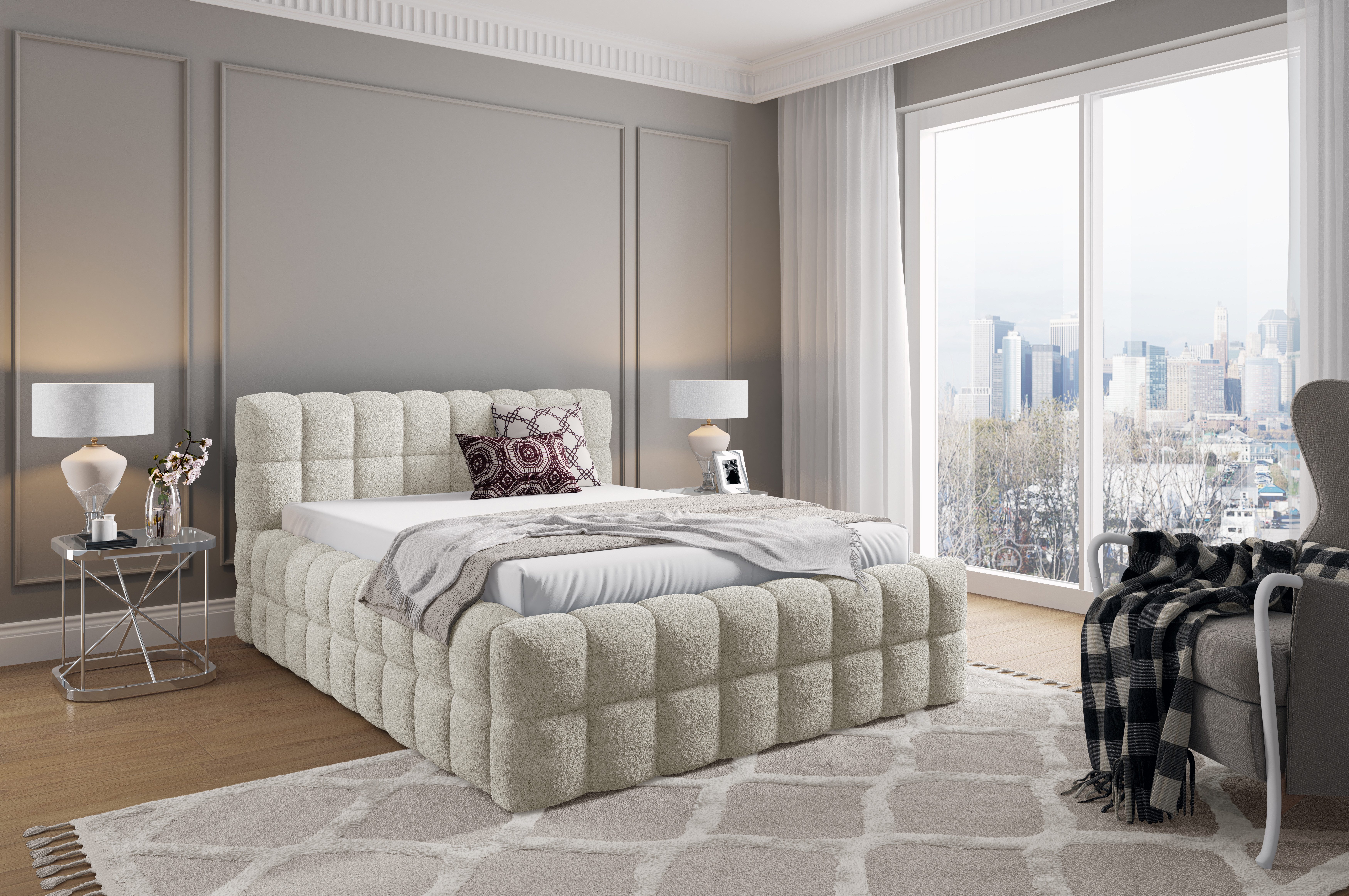 yourhouse24 Polsterbett Lagos mit Bettkasten und Lattenrost Bouclé