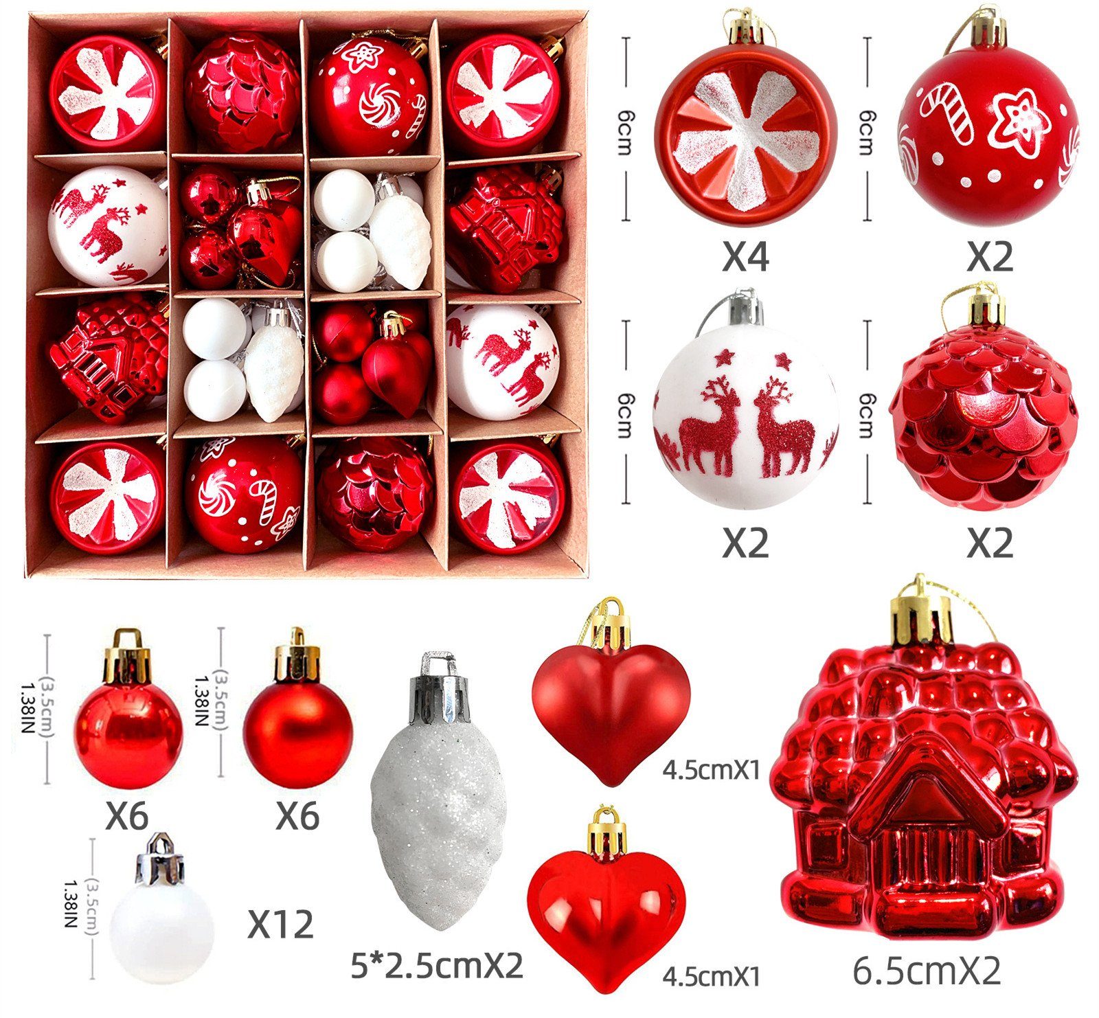 XDeer Weihnachtsbaumkugel Weihnachtskugeln Set, Christbaumkugeln Deko Weihnachten, Weihnachtsbaumschmuck,Weihnachtsbaumkugeln red+white