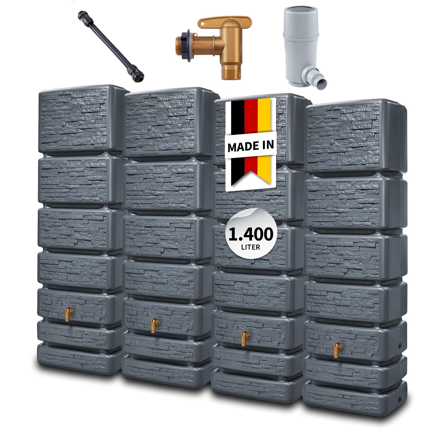 4rain Regentonne SLIM STONE DECOR Wandtank-Set 1400 Liter graphite grey