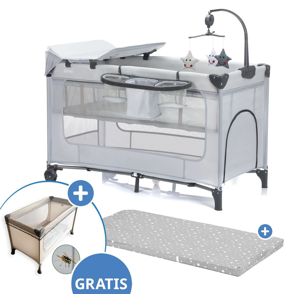 Fillikid Baby-Reisebett Capri - Hellgrau, Babyreisebett mit Wickelauflage, Einstieg, Matratze & Insektenschutz