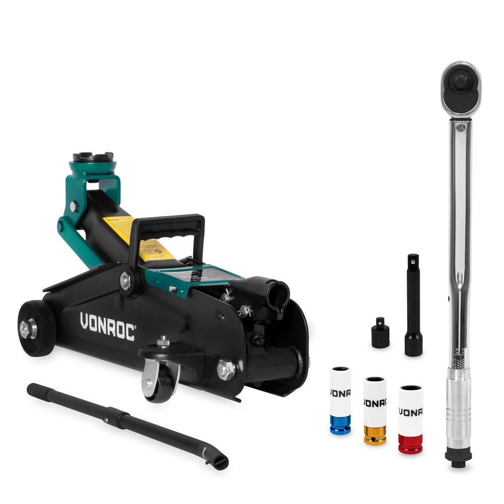 VONROC Wagenheber hydraulisch 2T - Rangierwagenheber flach für Auto bis 2 Tonnen, max. Hubhöhe: 33 cm, 7-tlg.
