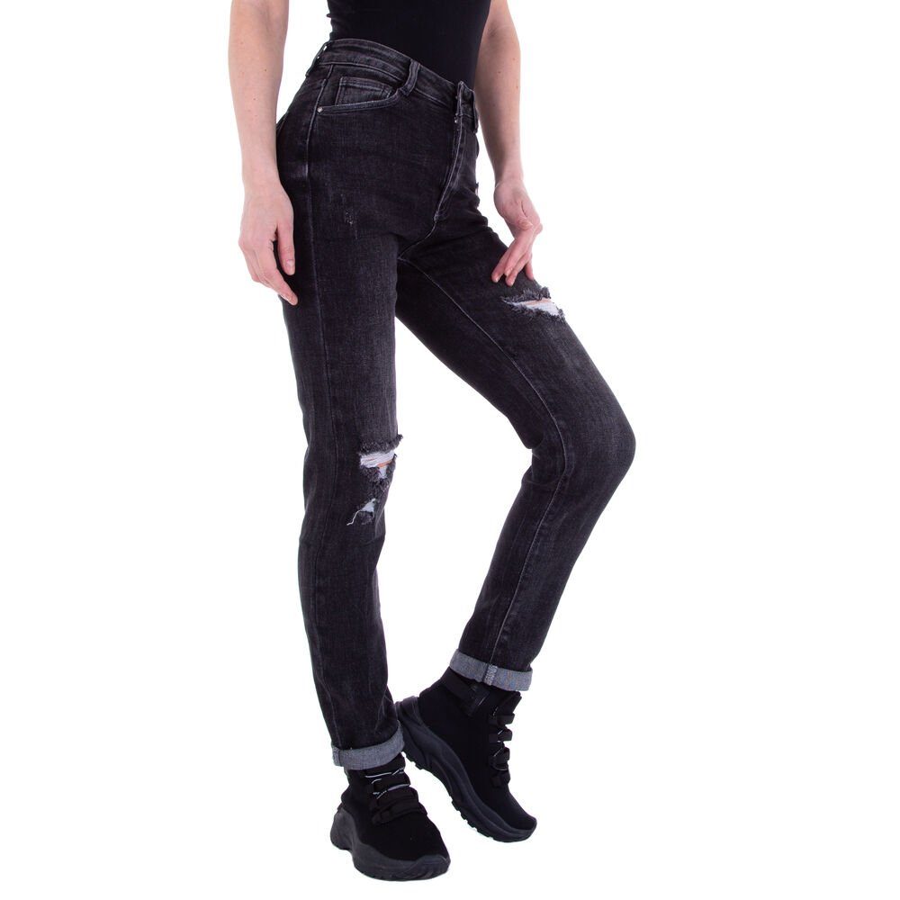 Ital-Design Leg Destroyed-Look Jeans Straight Straight-Jeans Damen Freizeit Stretch in Schwarz