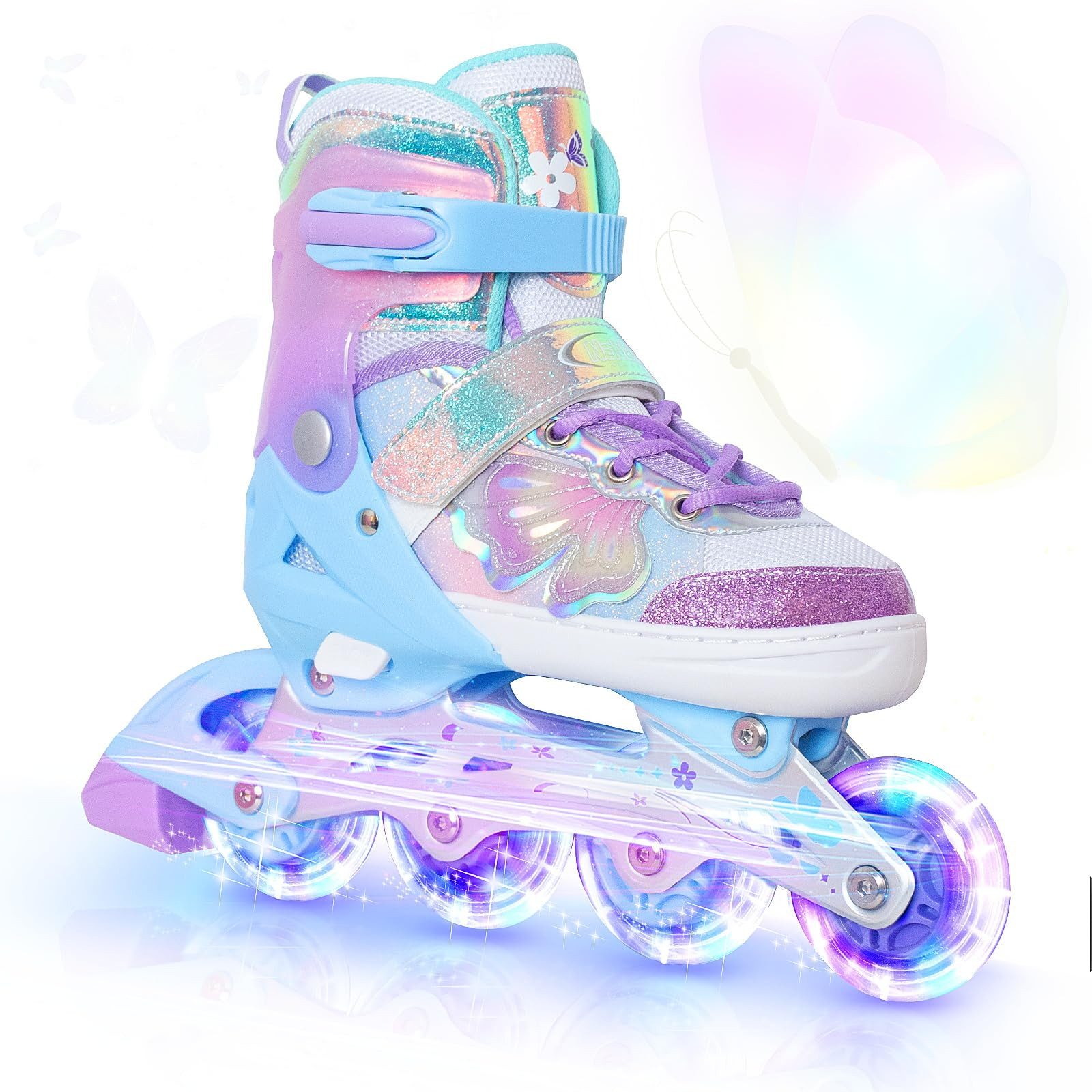 Nattork Inlineskates Kinder Inliner für Mädchen, 4 Größen verstellbar, Schmetterling Inline Rollschuhe (Größe M: 32-36 EU / 205-230 mm)