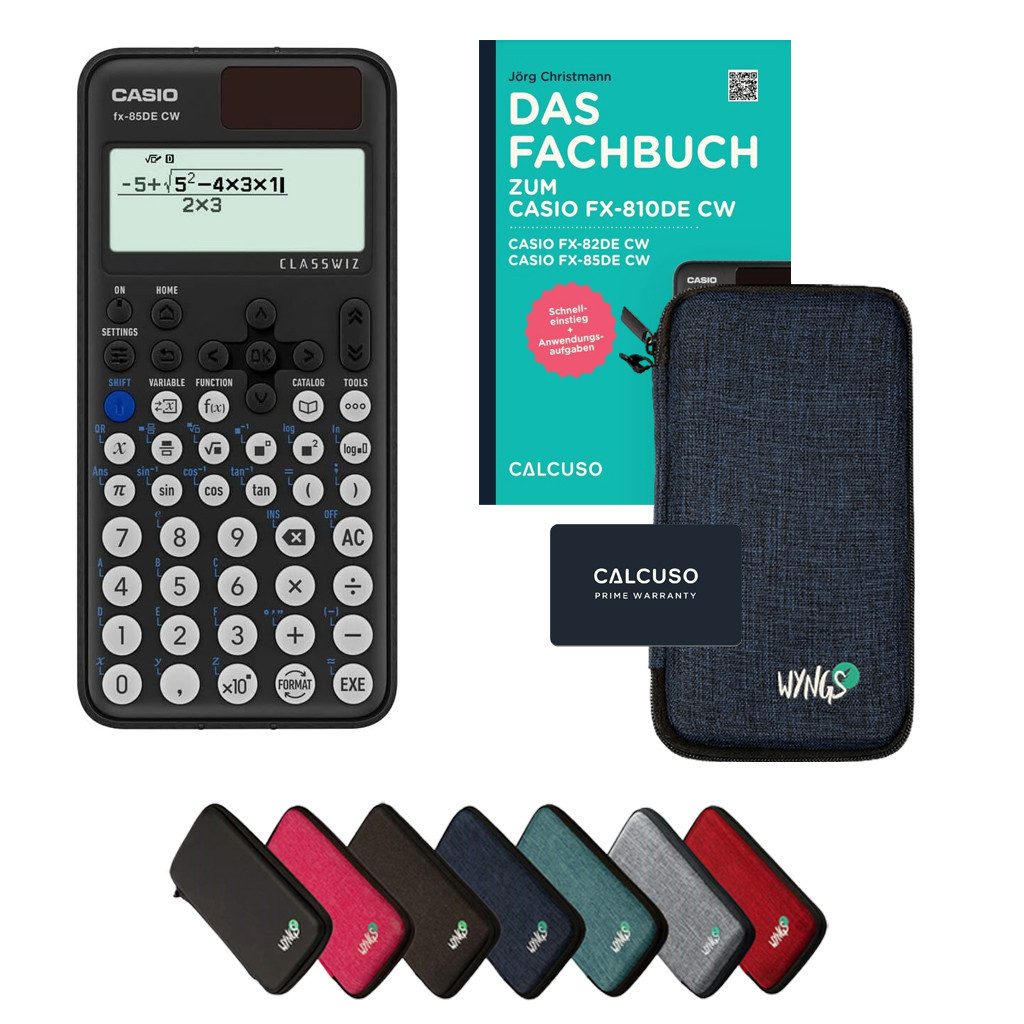 CASIO Taschenrechner fx-85DE CW inkl. Schutztasche Blau & Fachbuch (96 Seiten, DIN A5)