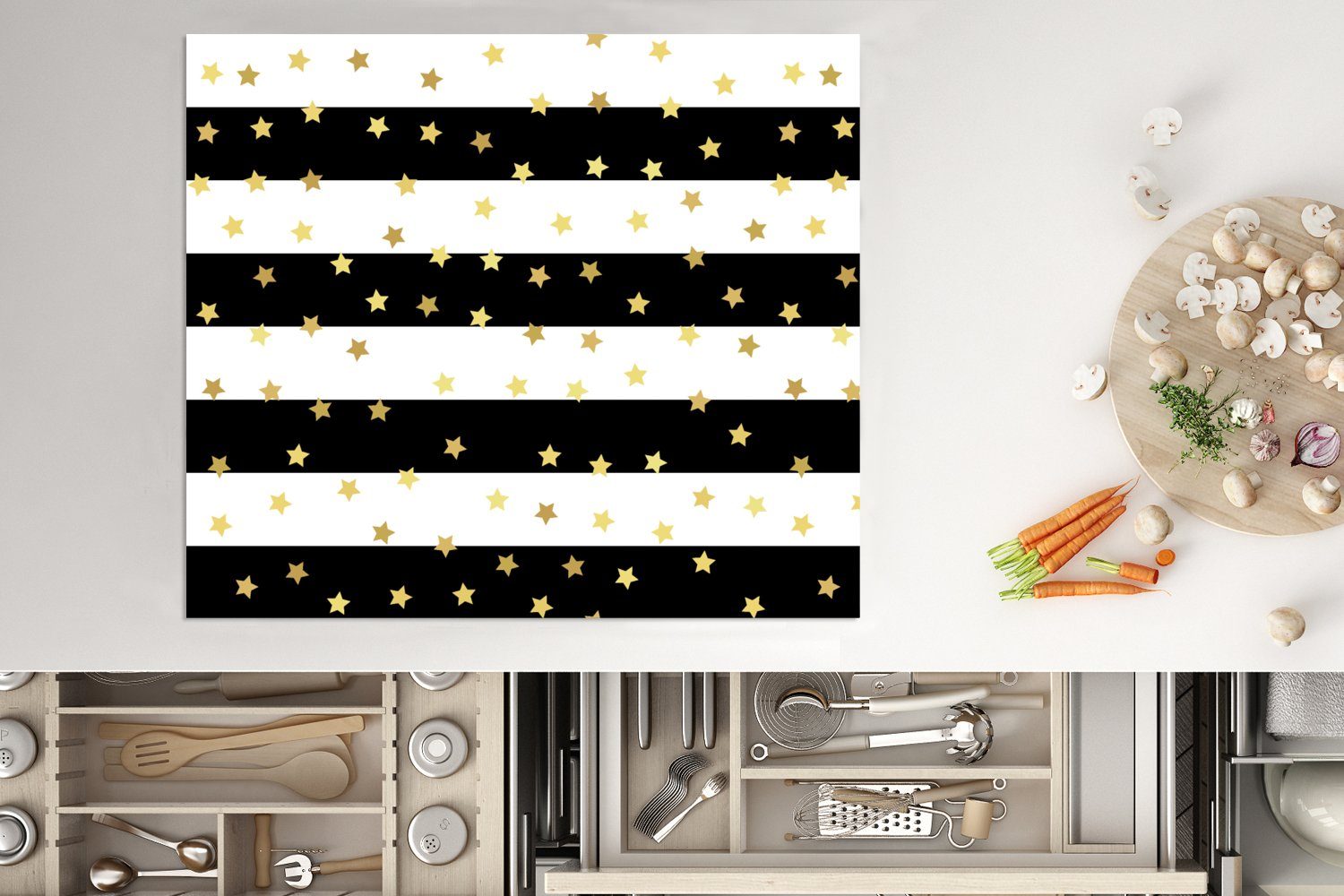 - Sterne - Gold Konfetti Herdblende-/Abdeckplatte Mobile MuchoWow (1 nutzbar, Ceranfeldabdeckung - 60x52 Muster, Arbeitsfläche tlg), Vinyl, cm,