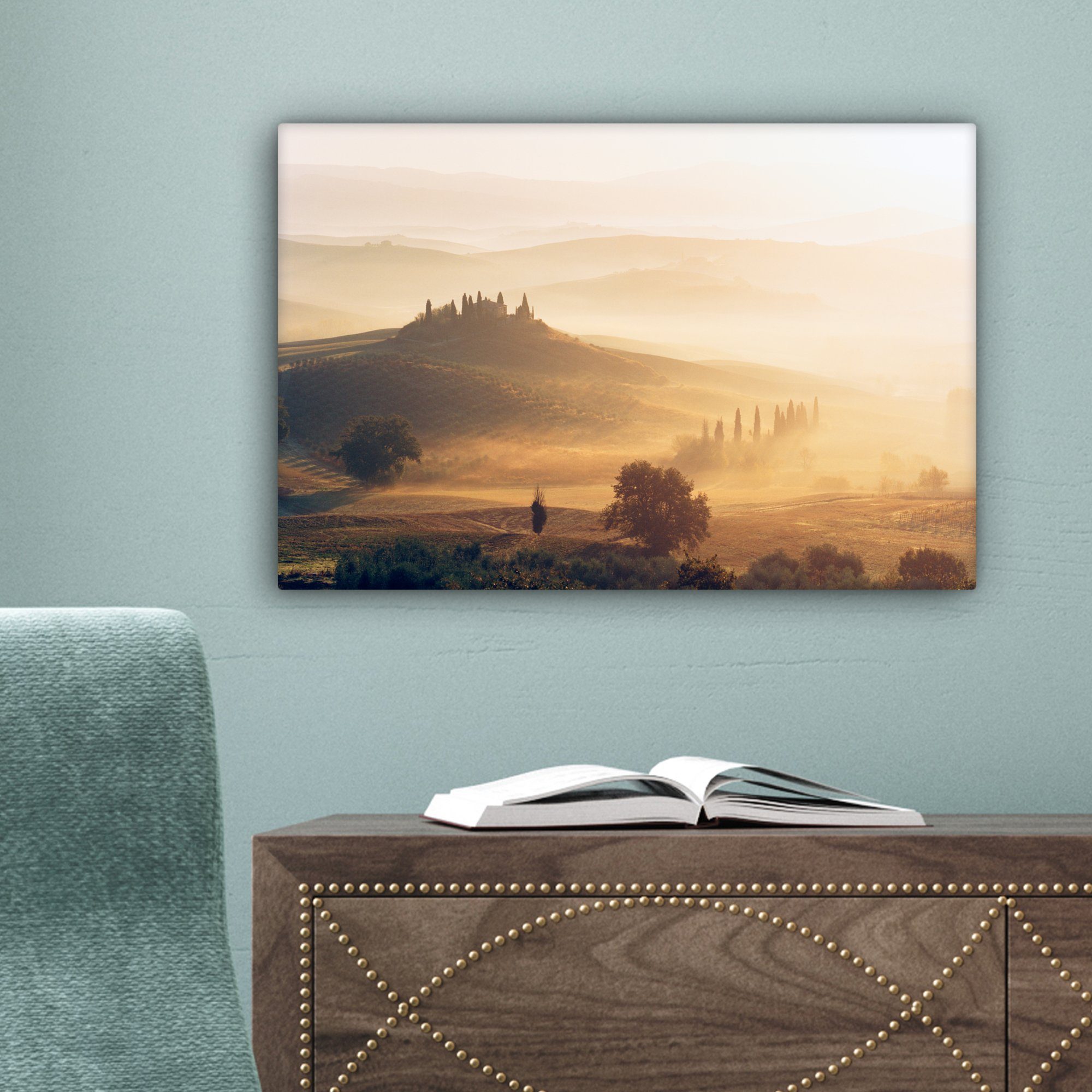 OneMillionCanvasses® Leinwandbild Toskana - Nebel Aufhängefertig, Leinwandbilder, - (1 St), cm Sonne, 30x20 Wandbild Wanddeko