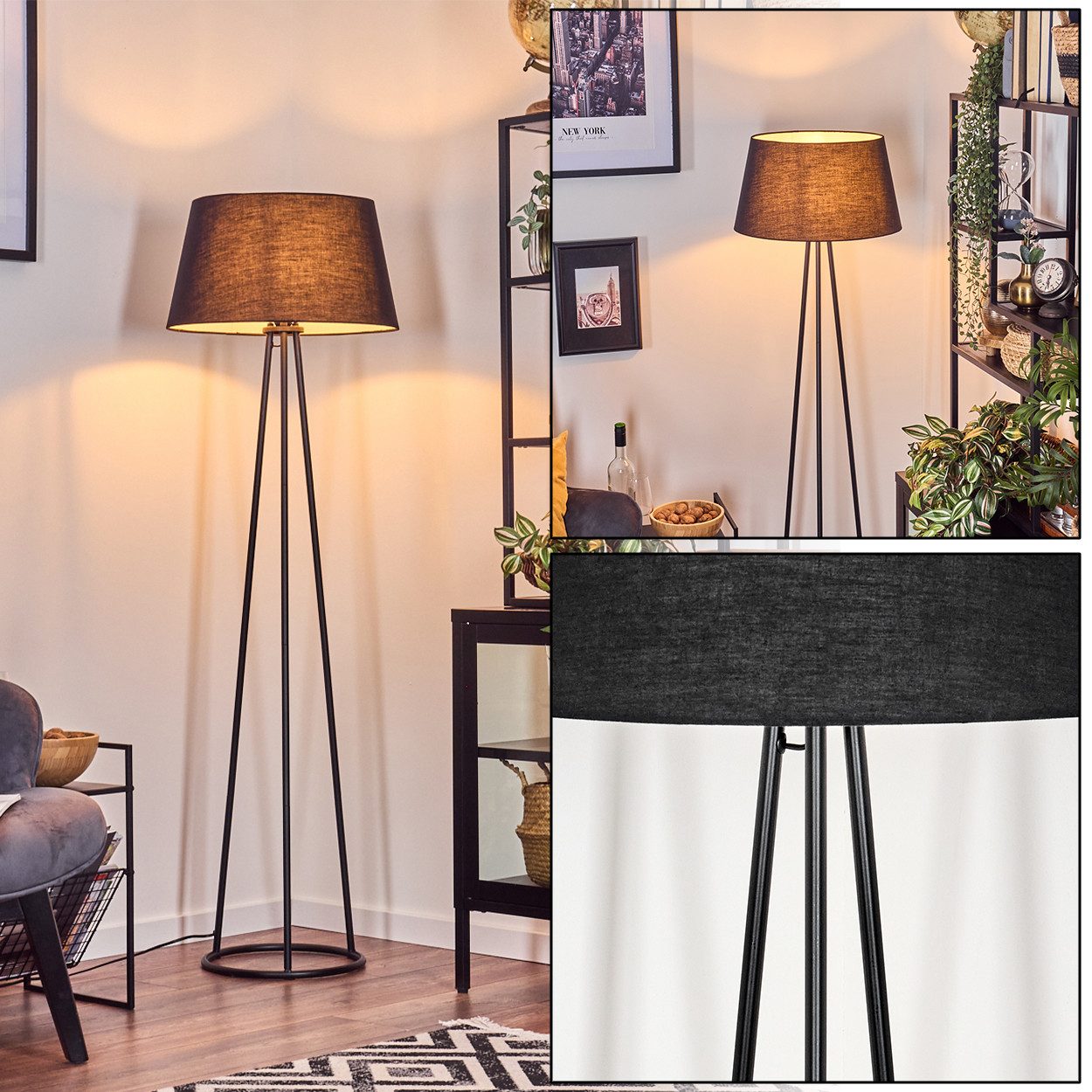 hofstein Stehlampe Stehlampe aus Metall/Stoff in Schwarz/Weiß, ohne Leuchtmittel, mit rundem Schirm (45 cm) u. Fußschalter, 1 x E27, ohne Leuchtmittel