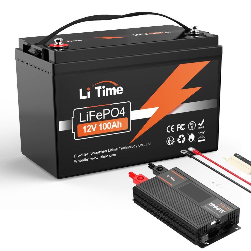 LiTime 12V LiFePO4 Batterie mit Wechselrichter 12VDC zu 230VAC Konverter Akku-Set (12 V), wiederaufladbar, geeignet für Notstromversorgung, Camping