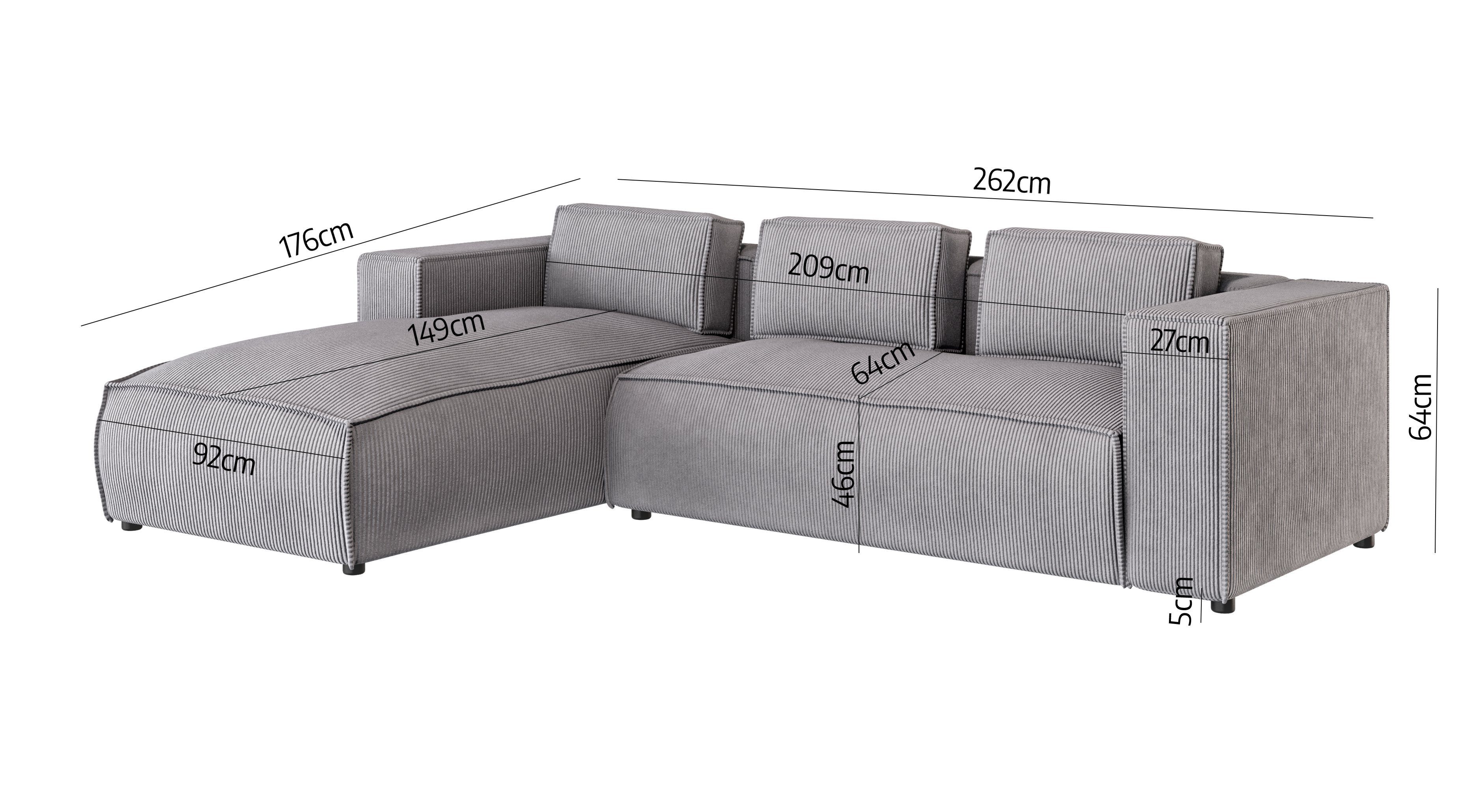 S-Style Möbel Ecksofa Renne, Moderner Teile, 2 links rechts Wellenfederung oder mit Optik, mane bestellbar in Hellgrau
