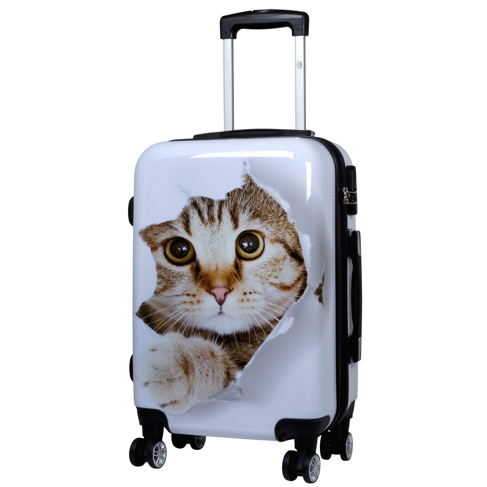 Trendyshop365 Hartschalen-Trolley Katze weiß, bunter Reisekoffer mit Motiv, 3 Größen, 4 Rollen, Zahlenschloss, Polycarbonat, Dehnfalte, Tiermotiv