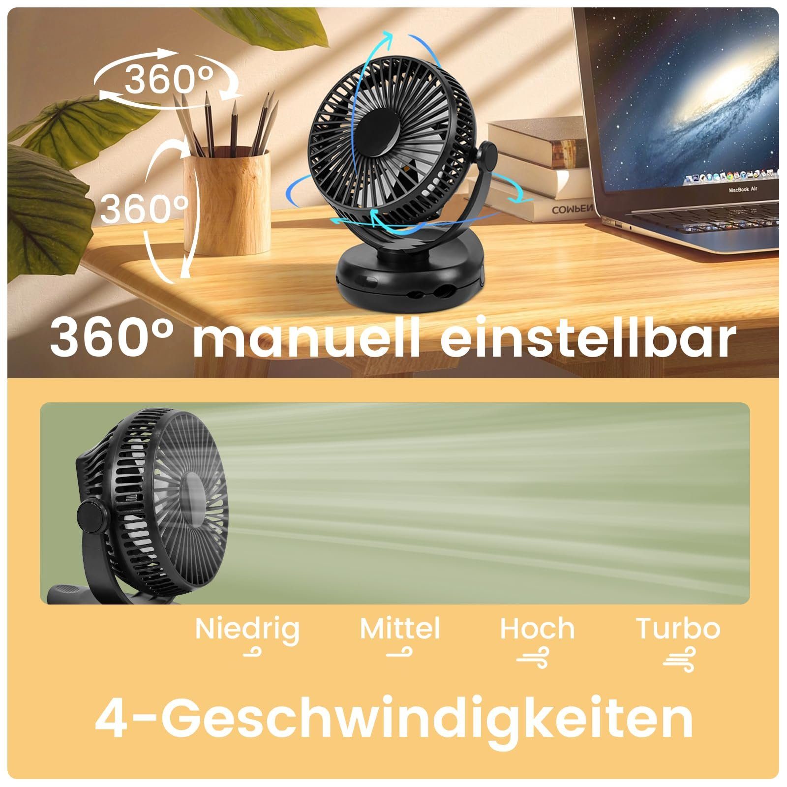 Klammer Mit Mini Akku dem 4 integrierten 360° und 10000mAh Haken USB-Ventilator klappbaren ZMH Schwarz, Drehung Geschwindigkeiten