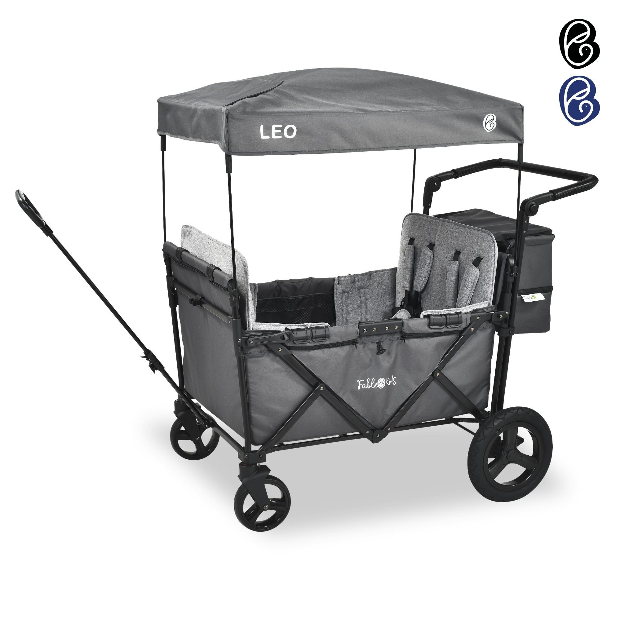 FableKids Bollerwagen LEO X4Plus – Faltbarer Transportwagen mit Dach 5-Punkt-Gurt (Fossil Grau), Hecktasche, Abdeckhaube