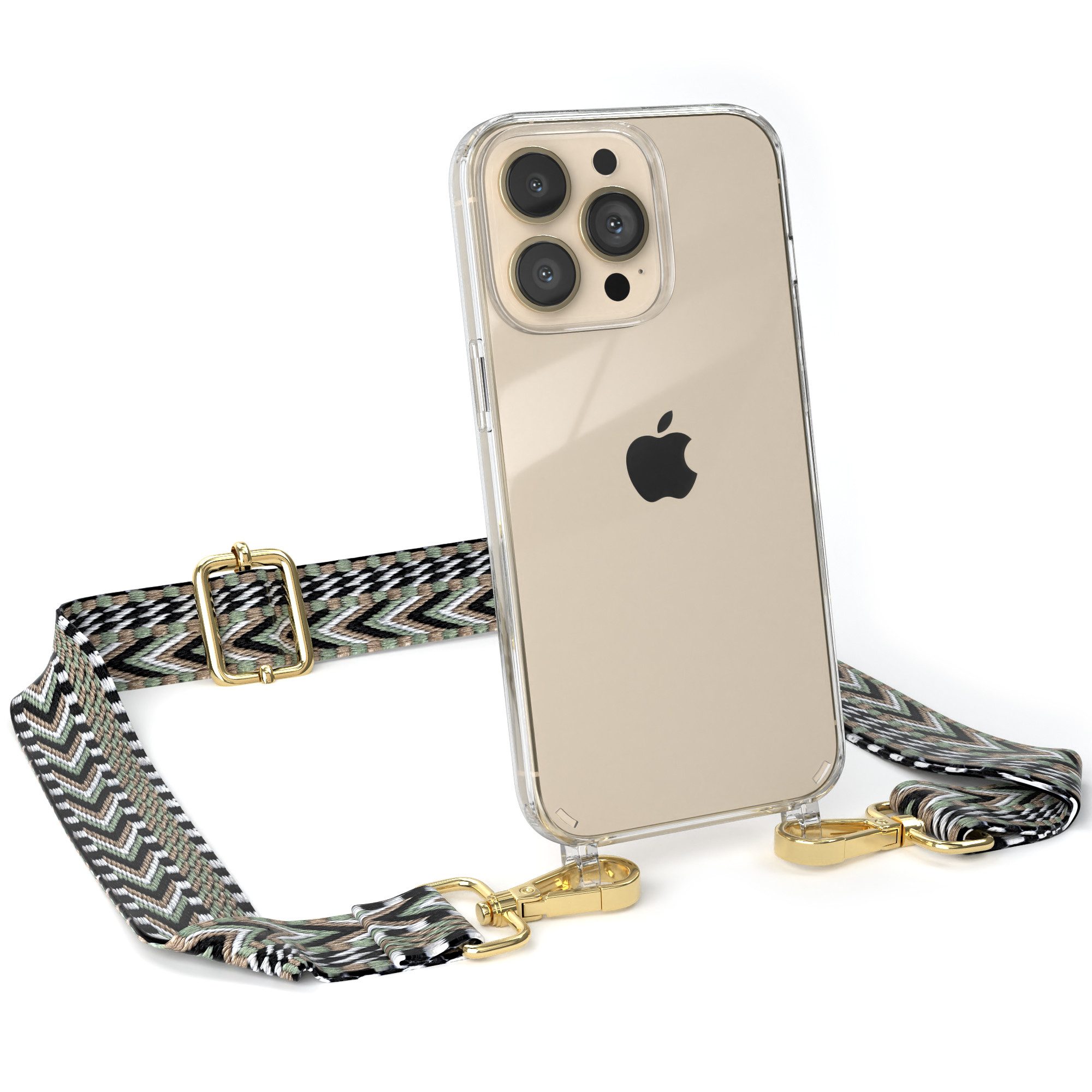 EAZY CASE Handykette Boho Umhängeband für Apple iPhone 13 Pro 6,1 Zoll, Body Bag Riemchen Wechselband Ersatzgurt klare Hülle Silicon Case Grün