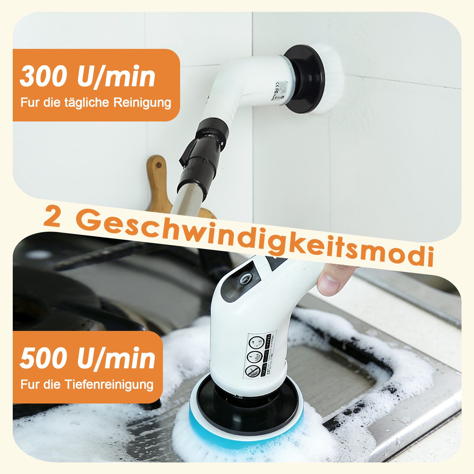 FANNOU Elektro-Oberflächenbürste 9 in 1 Electric Cleaning Brush mit austauschbaren Bohrbürstenköpfen, Putzbürste mit Verstellbarem Griff für Bad Küche Auto Fußb – Bild 3 von 5