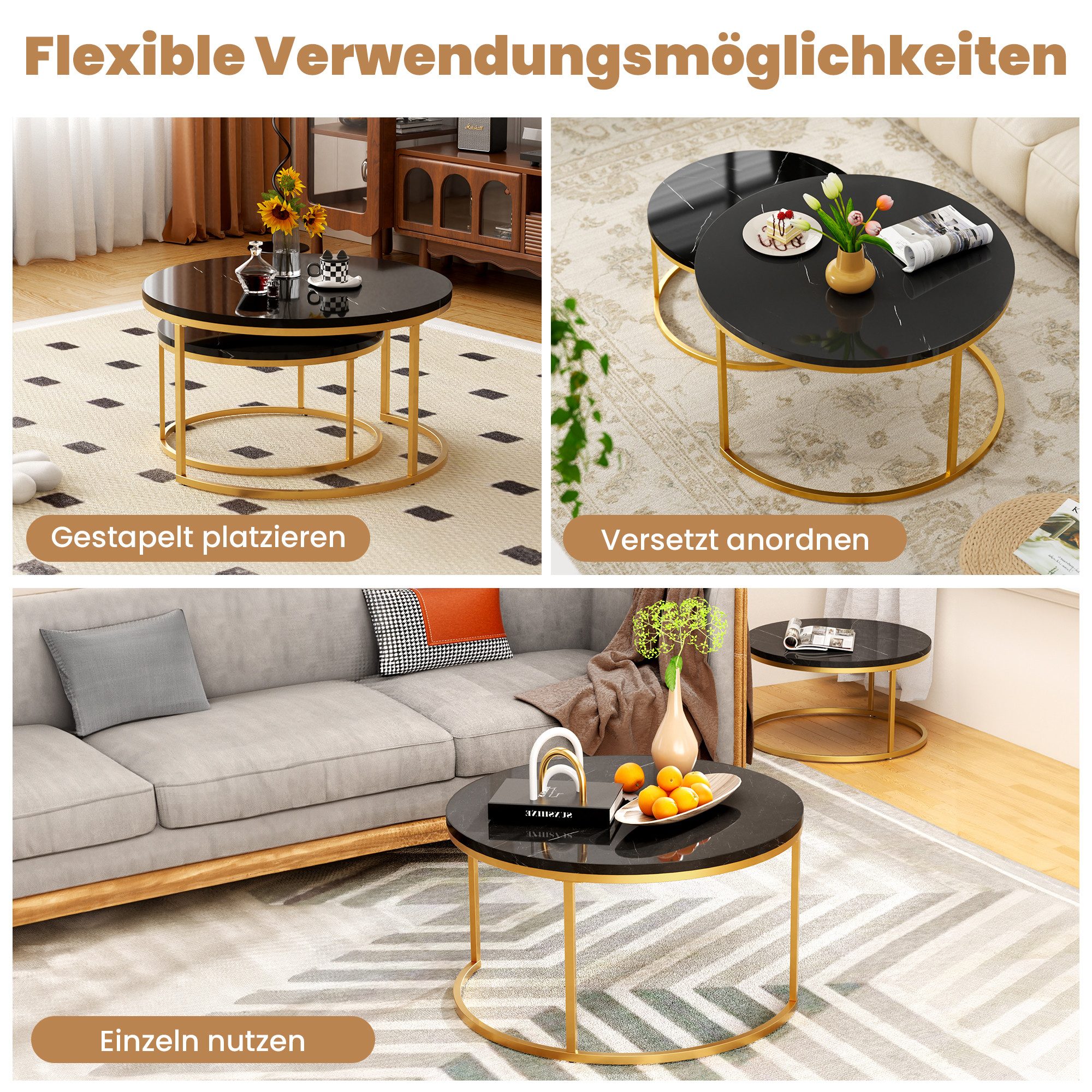 OKWISH Couchtisch Runder Satztisch (Wohnzimmertisch, Sofatisch, 2-St., Großer Tisch:80 x 80 cm, Kleiner Tisch: 60 x 60 cm), geschachtelter Beistelltisch – Bild 5 von 5