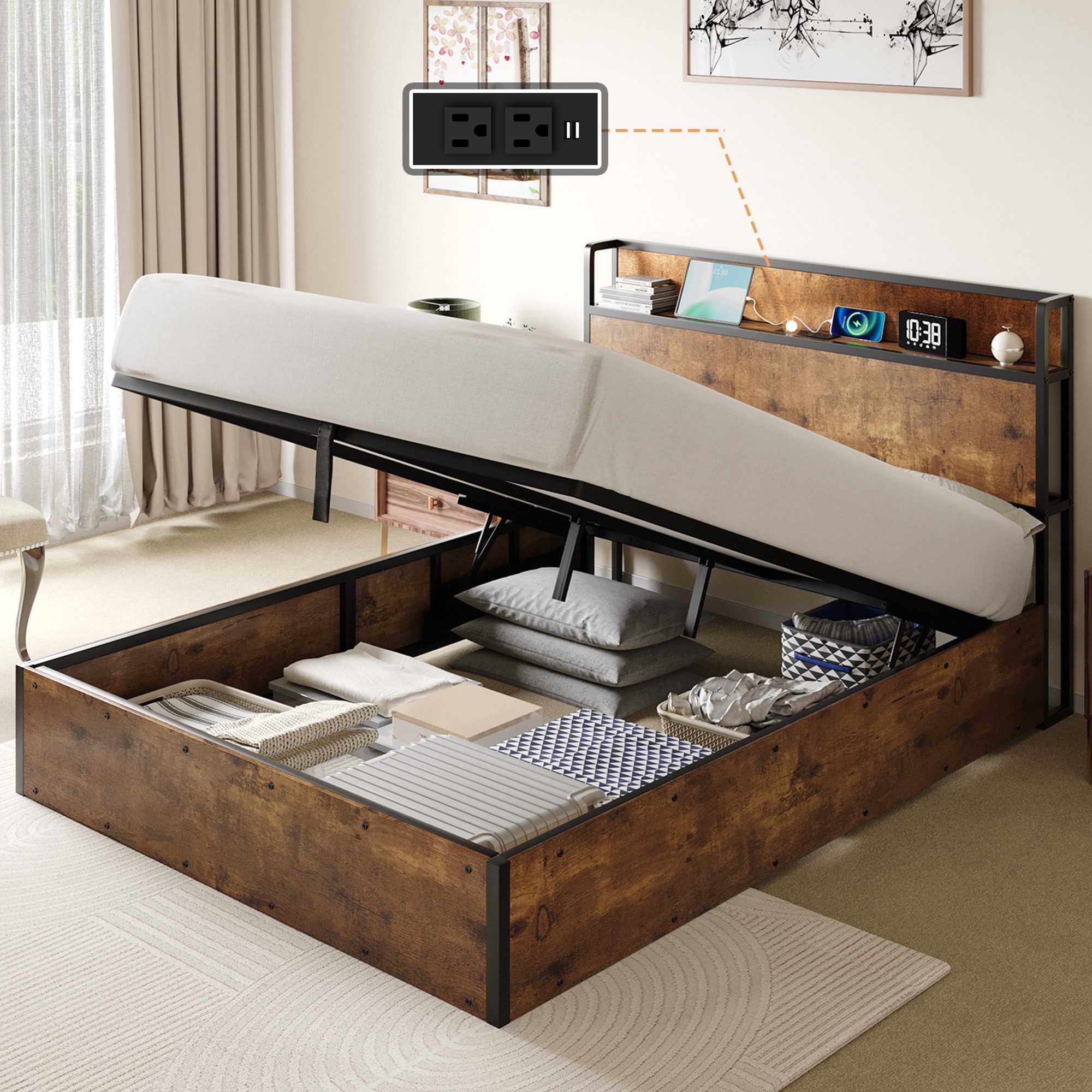 AMERLIFE Bett Doppelbett, Jugendbett mit hydraulischem Stauraum, USB & Steckdosen (1-tlg., Ohne Matratze), Industrie-Design, 140 x 200 cm