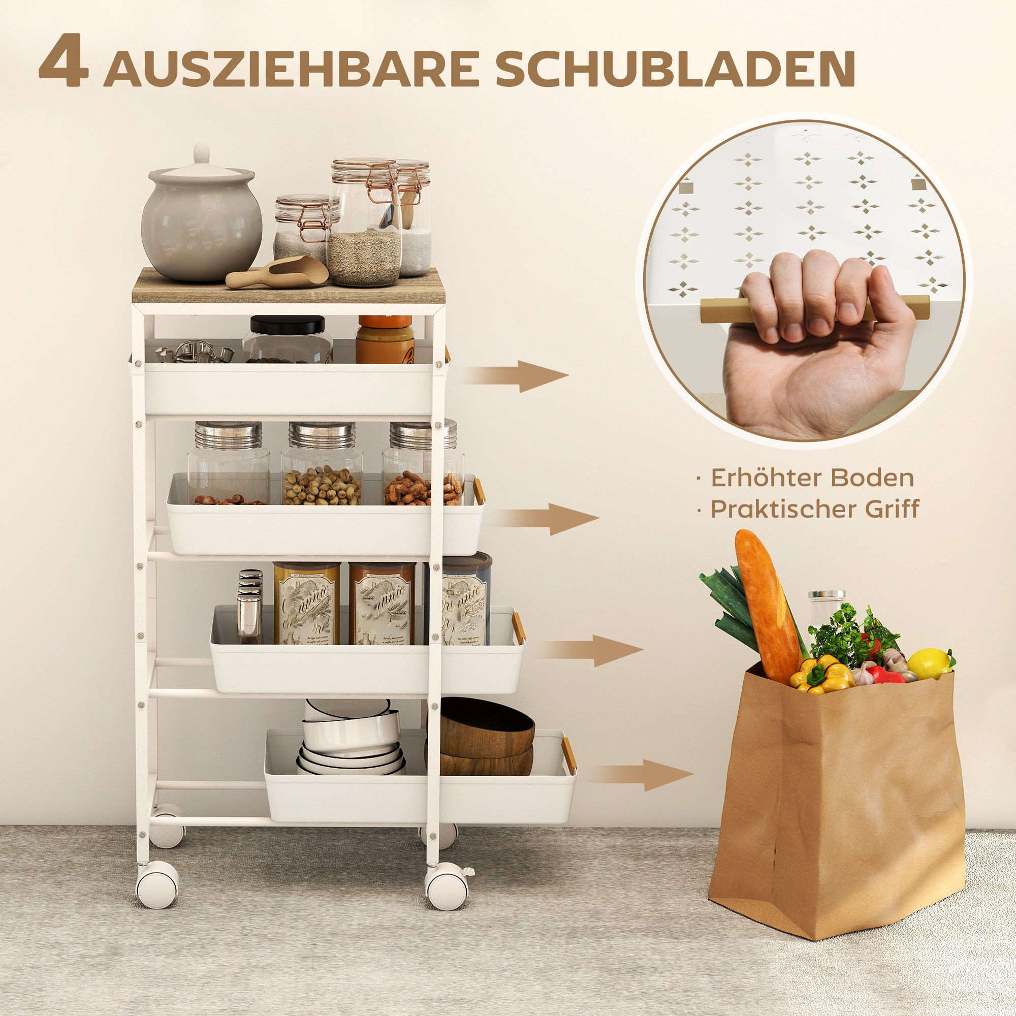furnicato Servierwagen Küchenwagen 39,5B x 24T x 82H cm in Weiß+Eiche, (1 St), Rollwagen mit 4 Schubladen und Metallrahmen für schmale Nischen