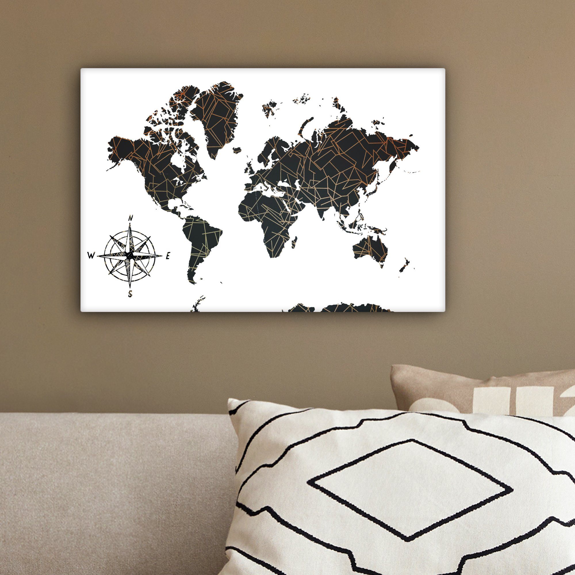 Leinwandbilder, Kupfer, St), 30x20 Schwarz cm OneMillionCanvasses® Wanddeko, (1 Aufhängefertig, Wandbild - Weiß Leinwandbild - Weltkarte -
