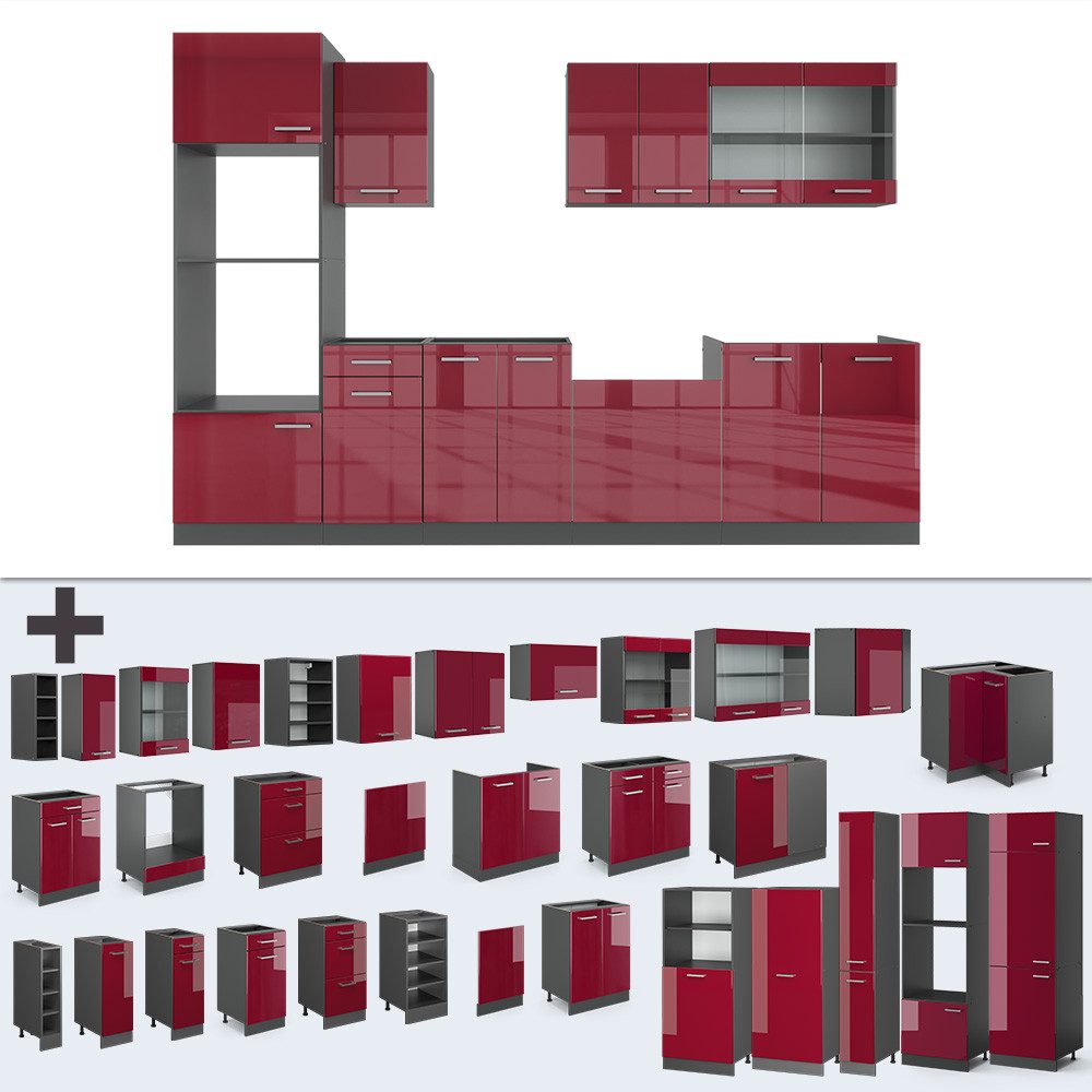 Vicco Küchenzeile R-Line, Rot Hochglanz/Anthrazit/Anthrazit, 300 cm mit Hochschrank, ...