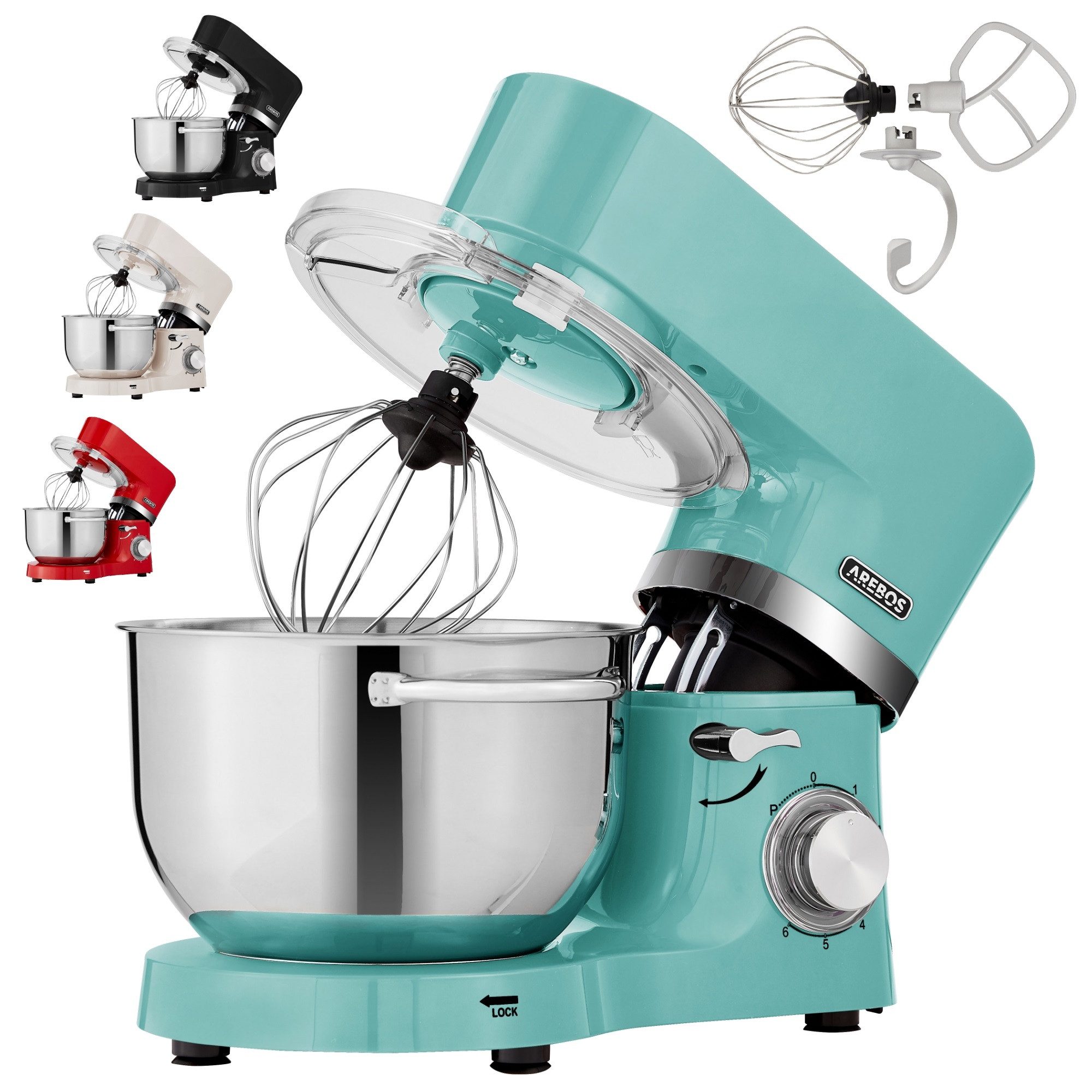Arebos Küchenmaschine mit 2x Edelstahl-Rührschüsseln 4,5 & 5,5L, 1500 W, 5,50 l Schüssel, Küchenmixer mit Rührhaken, Knethaken, Schlagbesen und Spritzschutz
