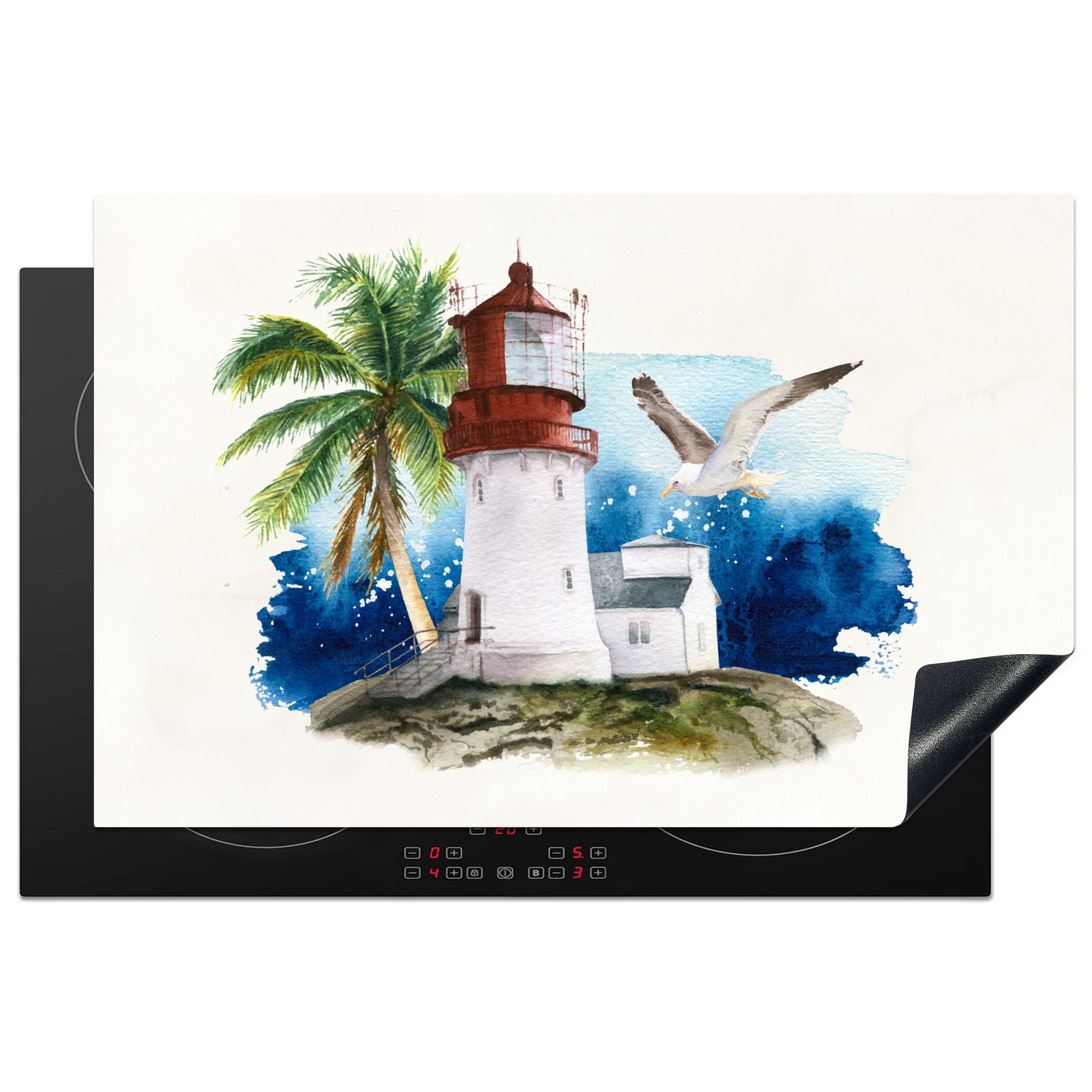 MuchoWow Herdblende-/Abdeckplatte Leuchtturm - Palme - Vogel - Meer, Vinyl, (1 tlg), 81x52 cm, Induktionskochfeld Schutz für die küche, Ceranfeldabdeckung