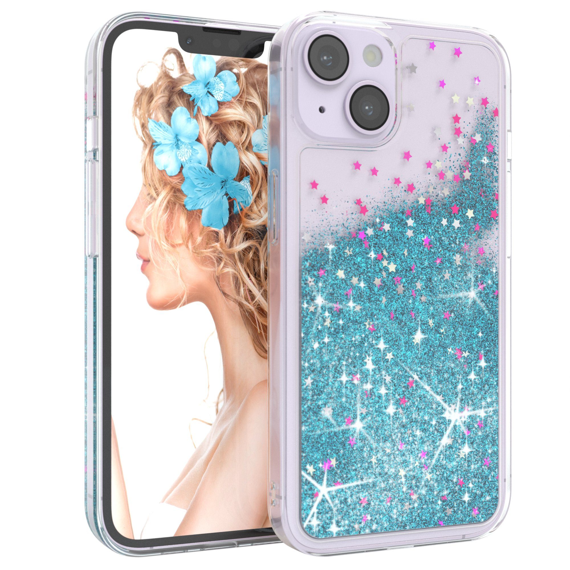 EAZY CASE Handyhülle Liquid Glittery Case für Apple iPhone 14 6,1 Zoll, Gloss Slimcover Girly Backcover Bling Phone Case kratzfeste Cover Blau