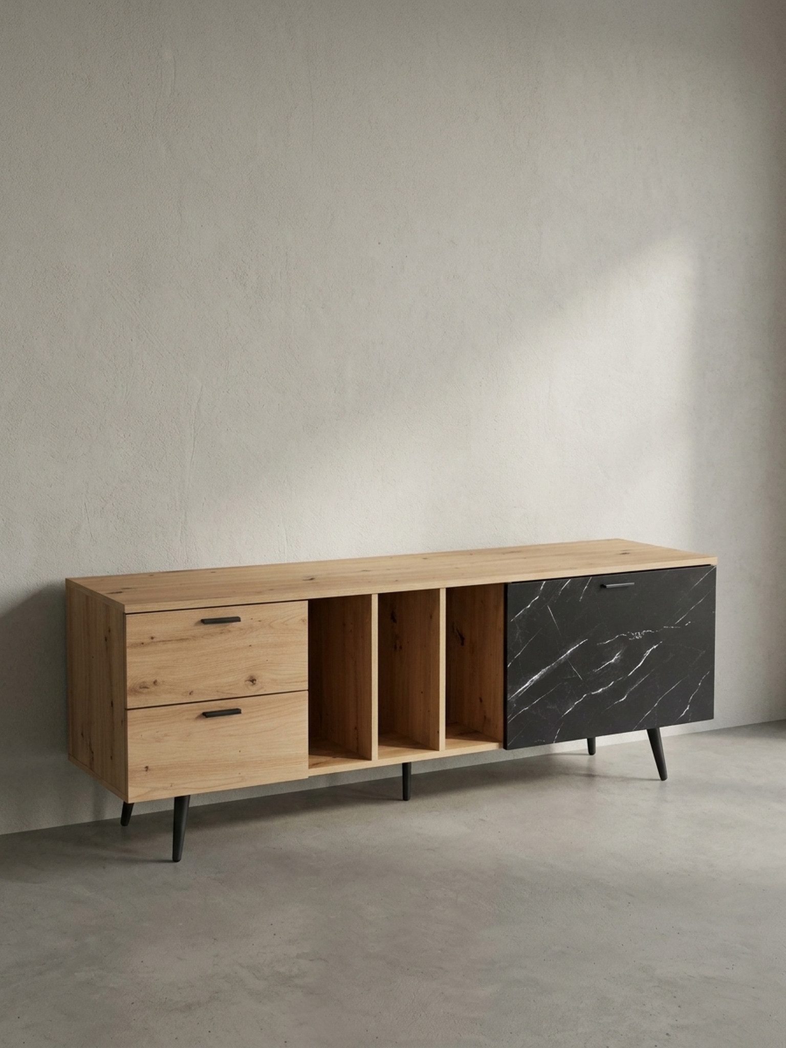 KADIMA DESIGN Lowboard Lowboard Eiche-Dekor mit Marmor-Look in Schwarz 150x55x40 cm (Fernsehschrank mit Tür & Schubladen, Fernsehkommode Wohnzimmer Modern), TV-Kommode, Design TV-Schrank Hoch Modern, Fernsehtisch