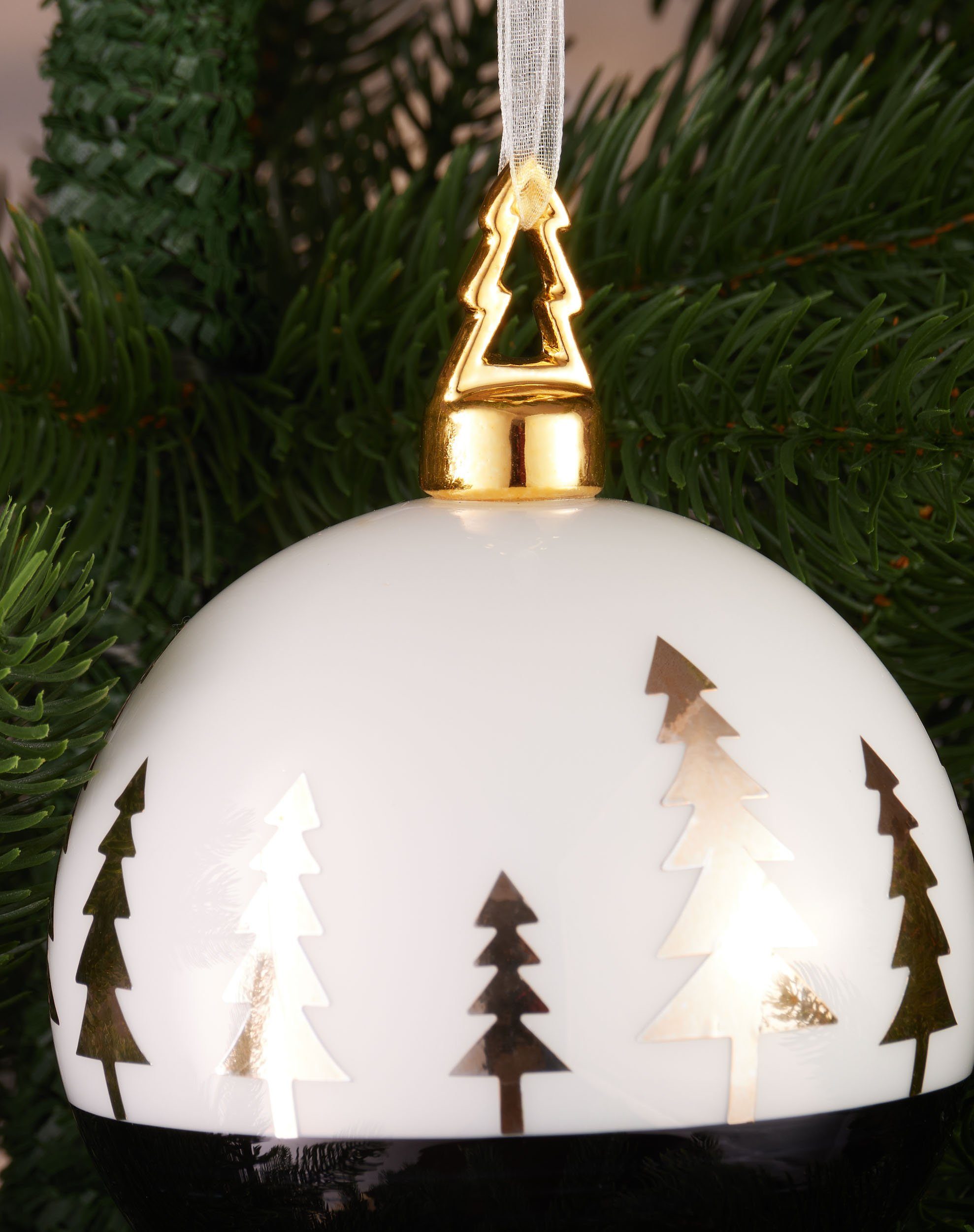 Tannenbaum Baumkugel - cm goldener aus Weihnachtsbaum - Handbemalt BRUBAKER Premium Glas 10 Gold Weihnachtskugel Figur Schwarz mit Weihnachtsbaumkugel (1 St), Weiß
