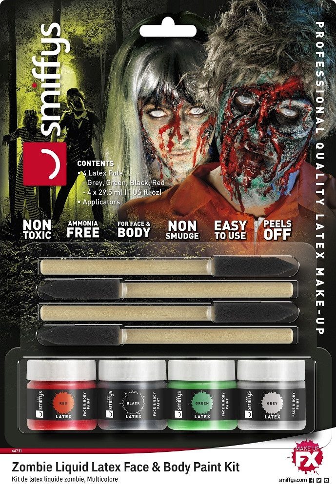 Theaterschminke Flüssiglatex Set mit Applikator 4 x 29,5 ml - Zomb