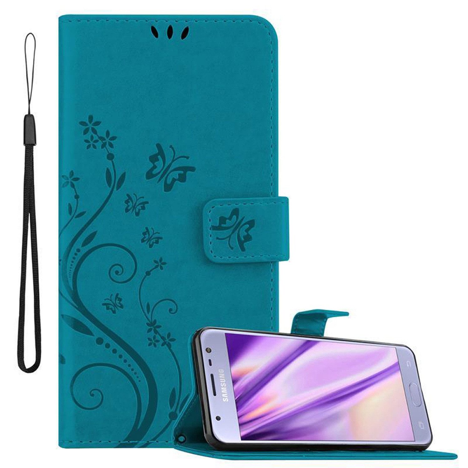 Cadorabo Handyhülle für Samsung Galaxy J3 2017 Hülle Samsung Galaxy J3 2017, Hülle Schutzhülle Blumen Flower mit Standfunktion Kartenfach Magnet