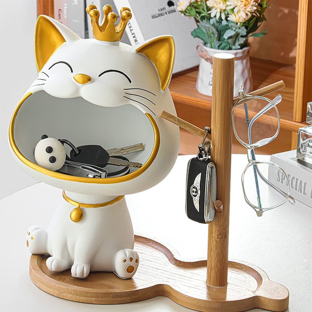 Figuren Dekoschale Katze Weiß Statue, zggzerg Aufbewahrungsbox,Cat Skulptur Lachende Schlüssel