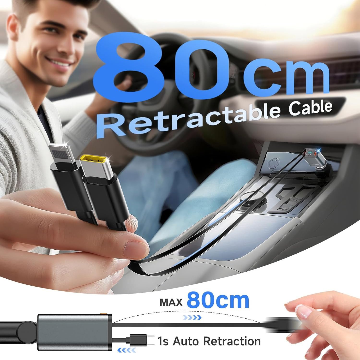 TUWENA Bluetooth & Cigarette Lighter Car Charger with 2 Retractable Cables, FM Transmitter, 24V/12V USB-C