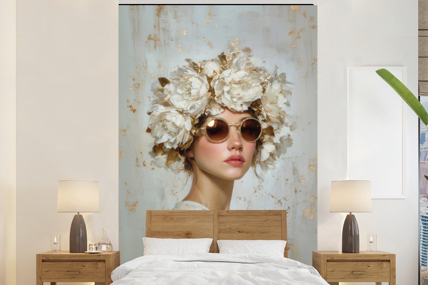MuchoWow Fototapete Gemälde - Frau - Sonnenbrille - Blumenkranz, Matt, bedruckt, Vliestapete für Wohnzimmer Schlafzimmer Küche, Fototapete, 180x280 cm