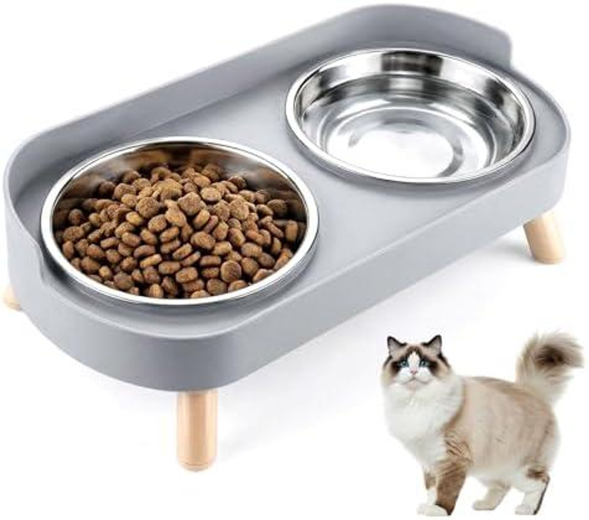 FELIXLEO Futternapf 2 Katzennäpfe Edelstahl erhöht mit Ständer Spritzschutz Grau