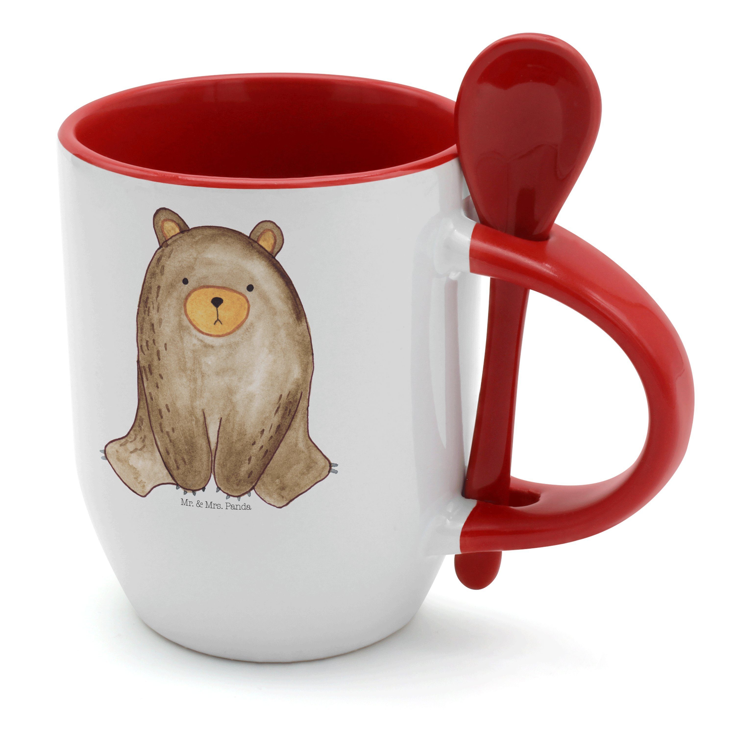 Mr. & Mrs. Panda Tasse Bär sitzend - Weiß - Geschenk, Tasse mit Löffel, Teddybär, Kaffeebech, Keramik