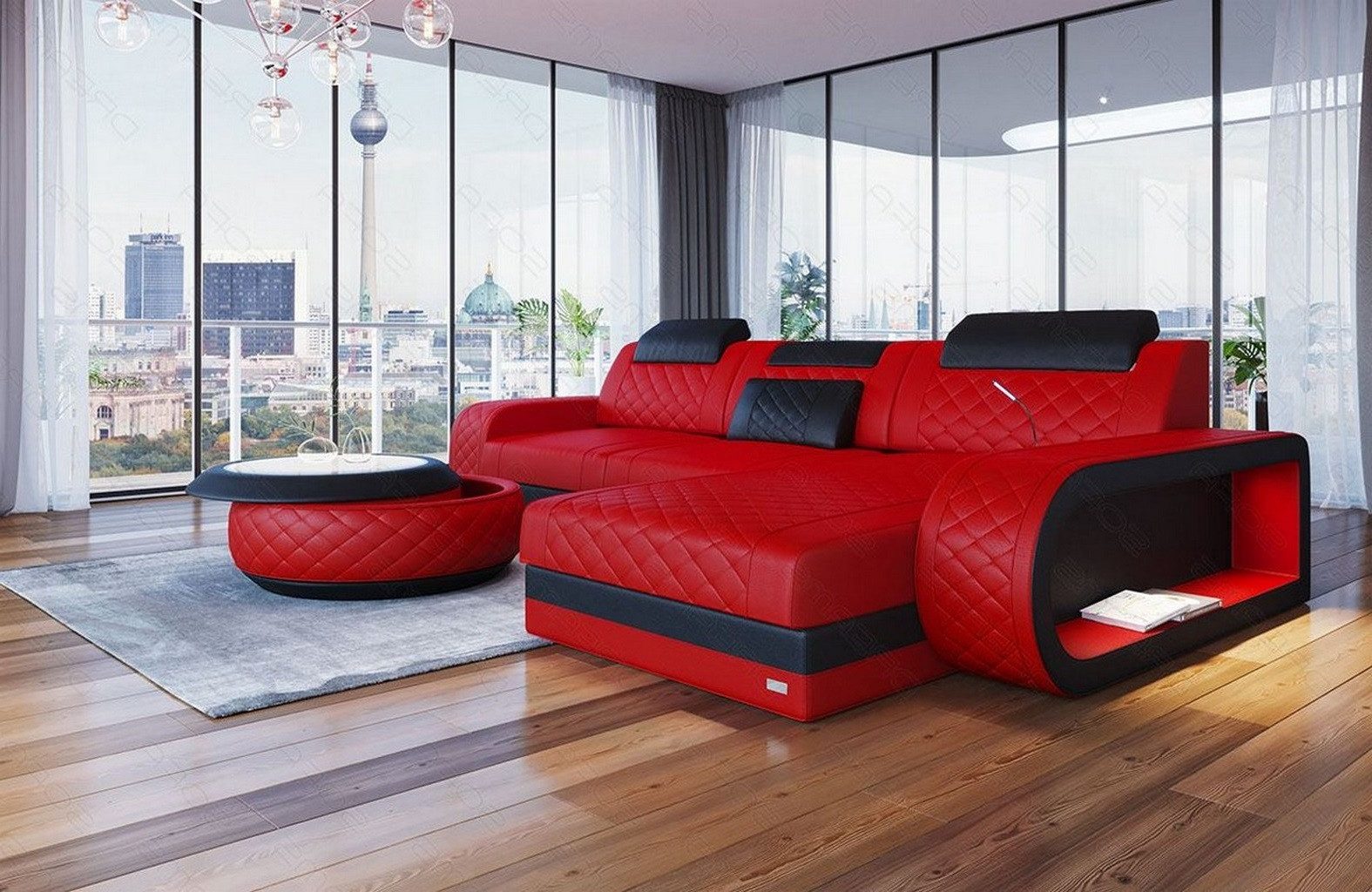 Sofa Dreams Ecksofa Berlin L Form Leder, Ecksofa, Ottomane, LED-Beleuchtung, Breite: 308cm, Zierkissen, 4-Sitzer, USB