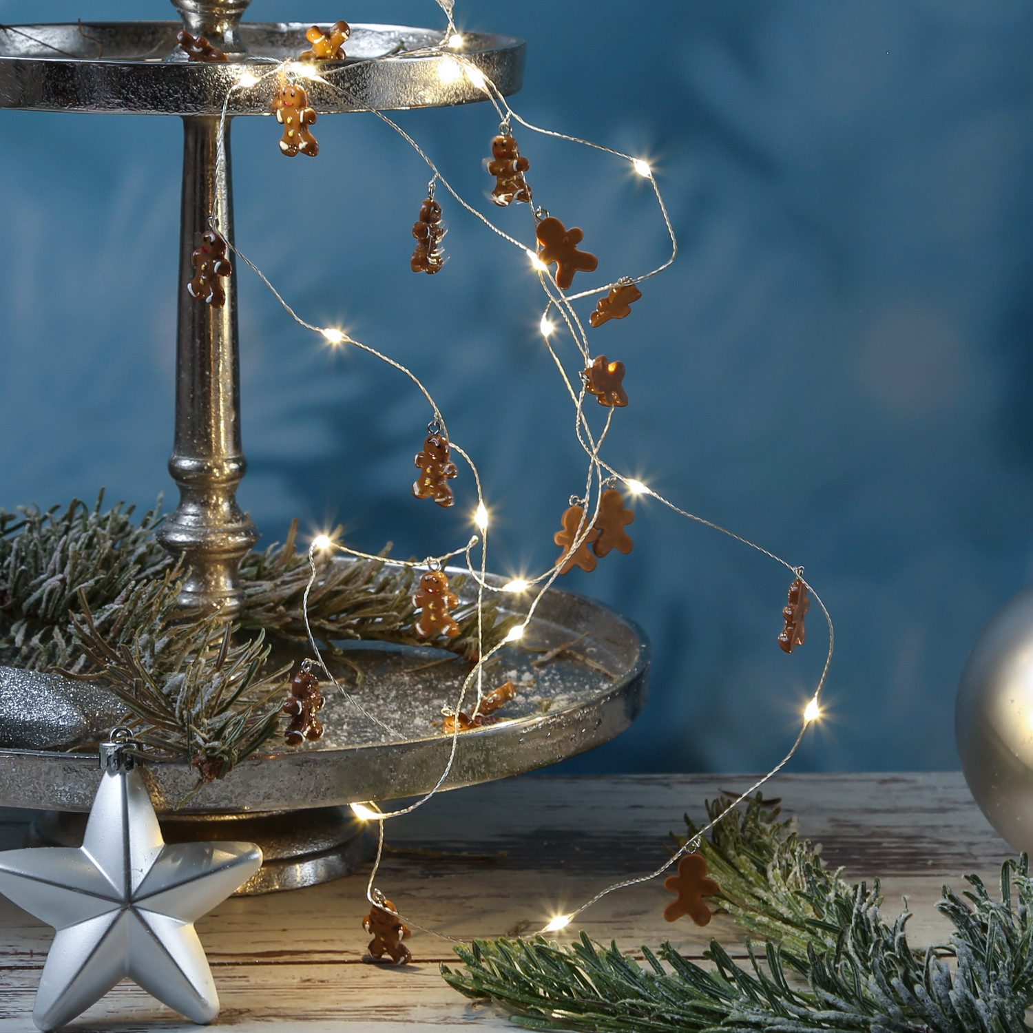 MARELIDA LED-Lichterkette Lebkuchenfigur 20 LED Silberdraht Timer Weihnachtsdeko für DIY Basteln, 20-flammig