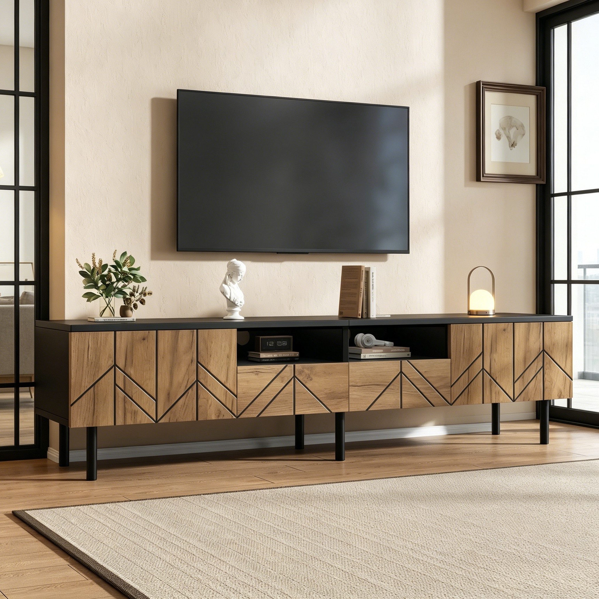 Merax Lowboard in Schwarz-Holzoptik (1 St), TV-Schrank mit 2 Türen, 2 Schubladen & Stauraum, 180x40x45 cm