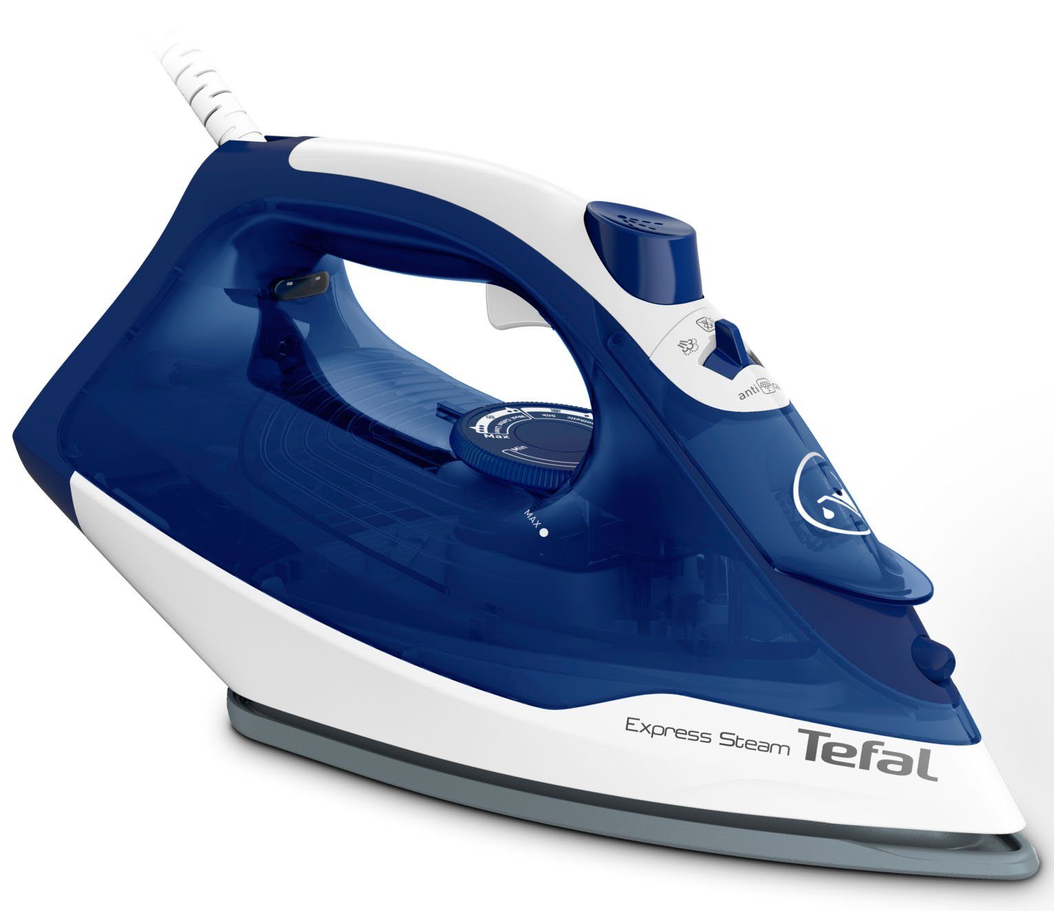 Tefal Dampfbügeleisen Express Steam FV2838, 2400 W, Keramik-Bügelsohle, 2400 W, 180 g/Min. Dampfstoß, Tropfstopp, 270 ml Fassungsvermögen, blau